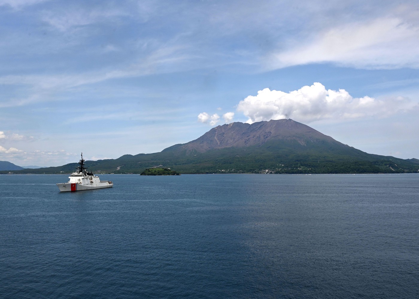 The Legend-class U.S. Coast Guard Cutter Stratton (WMSL 752) transits Kagoshima Bay during a trilateral search and rescue exercise with U.S., Japan and Philippine Coast Guards in Kagoshima, Japan, June 20, 2025. Stratton is deployed and assigned to Destro