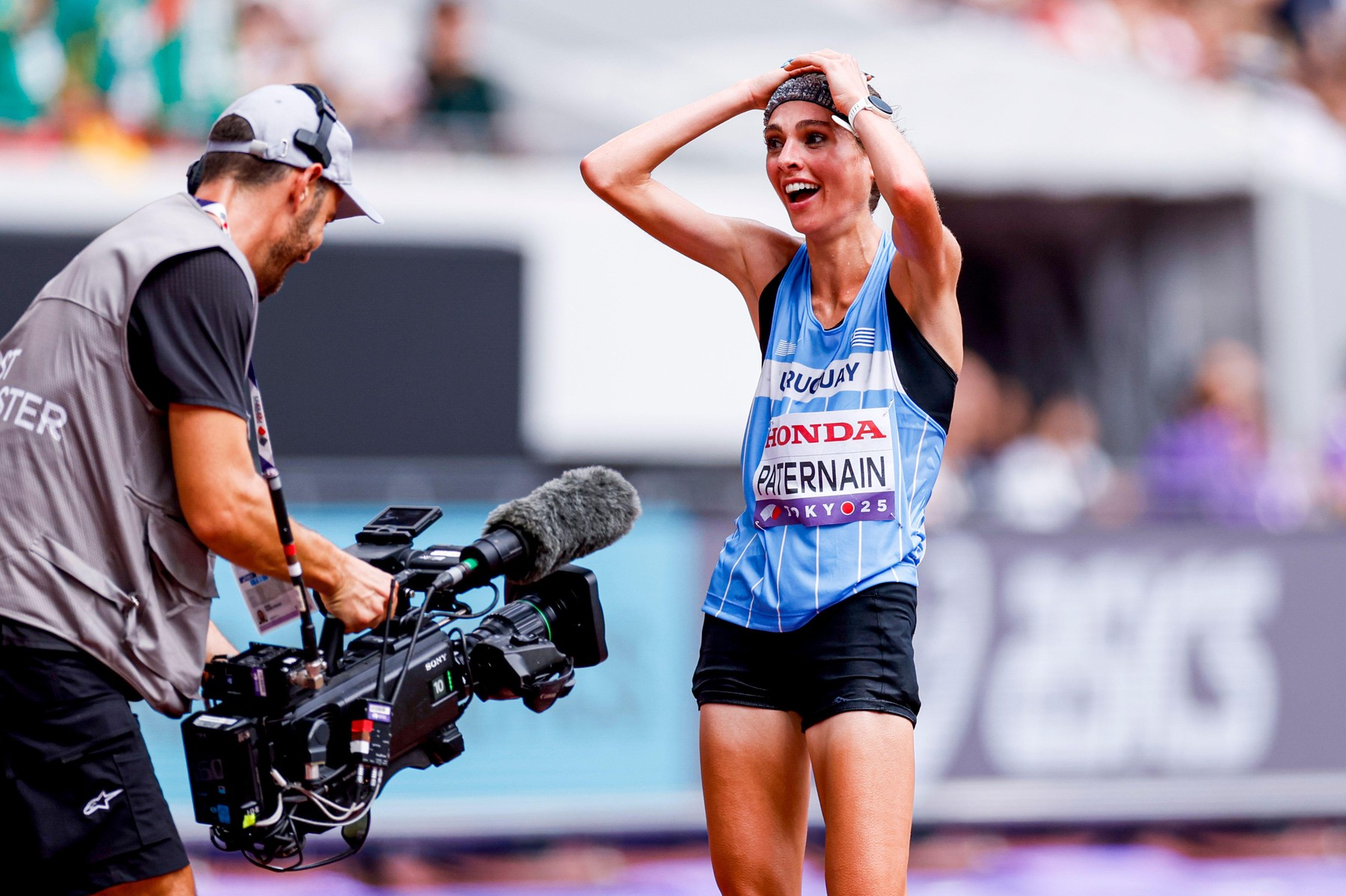 Third finisher Julia Paternain of Uruguay celebrates after competing in the Women's Marathon during World Athletics Championships Tokyo 2025 of the Day 2 at Japan National Stadium on September 14, 2025 in Tokyo, Japan. (Credit: Marcel ter Bals/MTB-Photo/A
