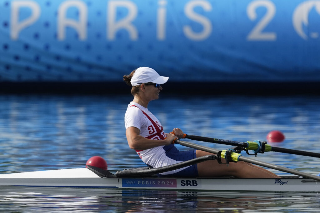Jovana Arsic, of Serbia, competes during the women's single sculls rowing semifinal at the 2024 Summer Olympics, Wednesday, July 31, 2024, in Vaires-sur-Marne, France. (AP Photo/Lindsey Wasson)