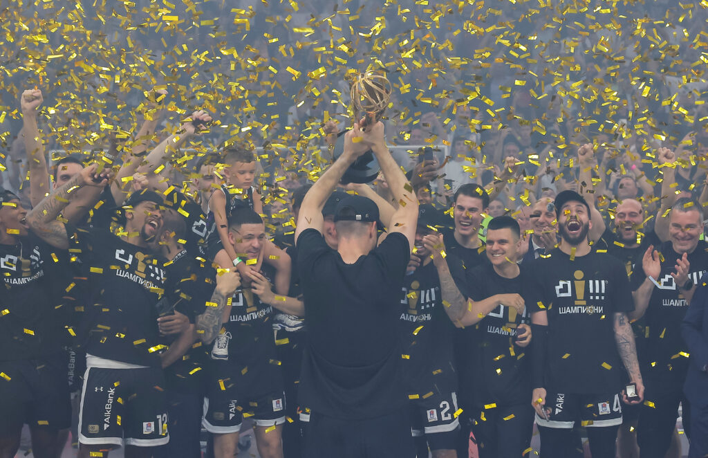 celebrate after winning the ABA league Play Off Final Game 4 match between Partizan and Buducnost at Belgrade Arena in Belgrade, Serbia on June 12, 2025. (credit image &amp; photo: Pedja Milosavljevic / STARSPORT)