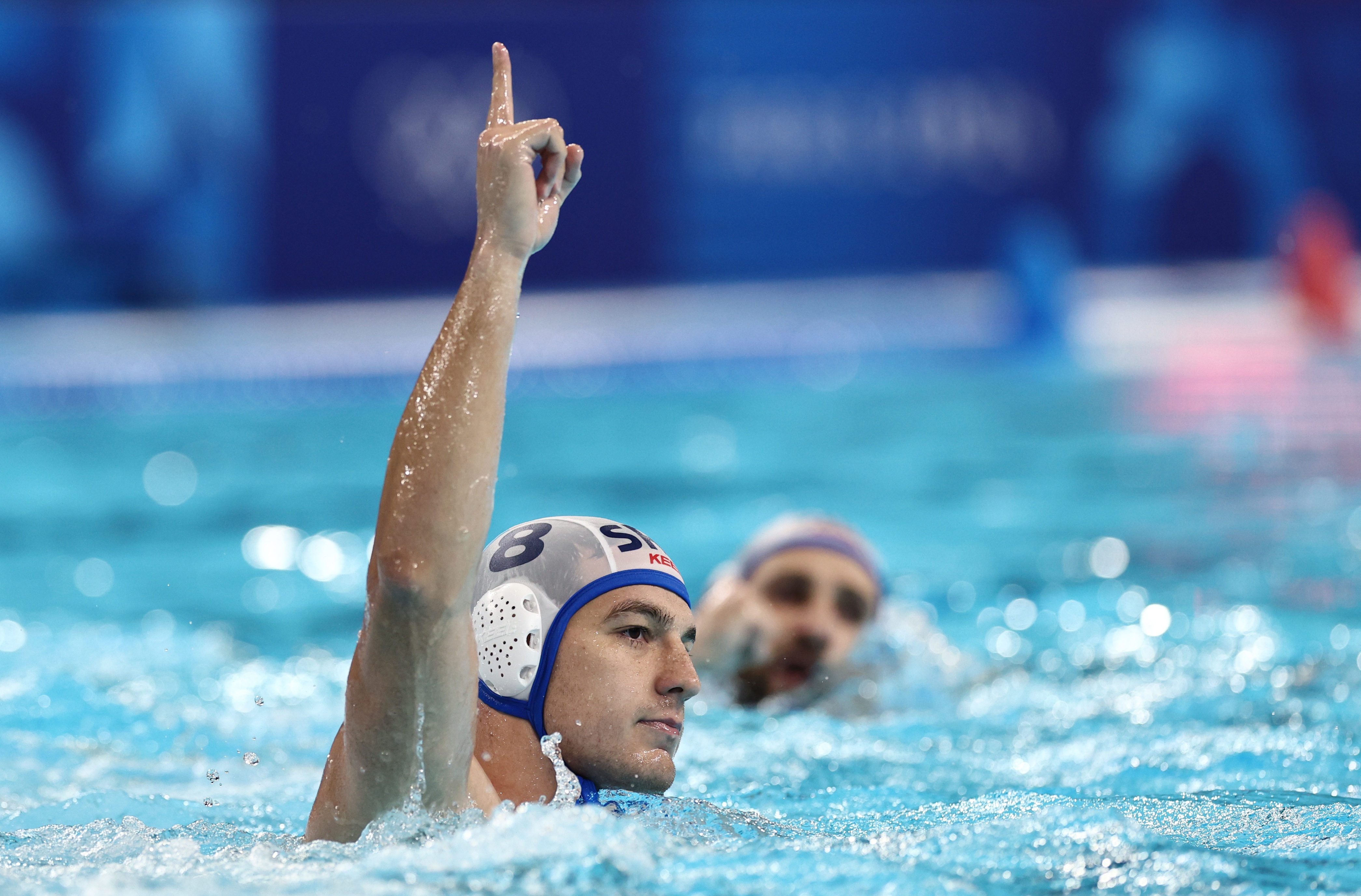 epa11545252 Nikola Jaksic of Serbia reacts during the Men Gold medal match between Serbia and Croatia of the Water Polo competitions in the Paris 2024 Olympic Games, at the Aquatics Centre in Saint Denis, France, 11 August 2024.  EPA-EFE/ANNA SZILAGYI