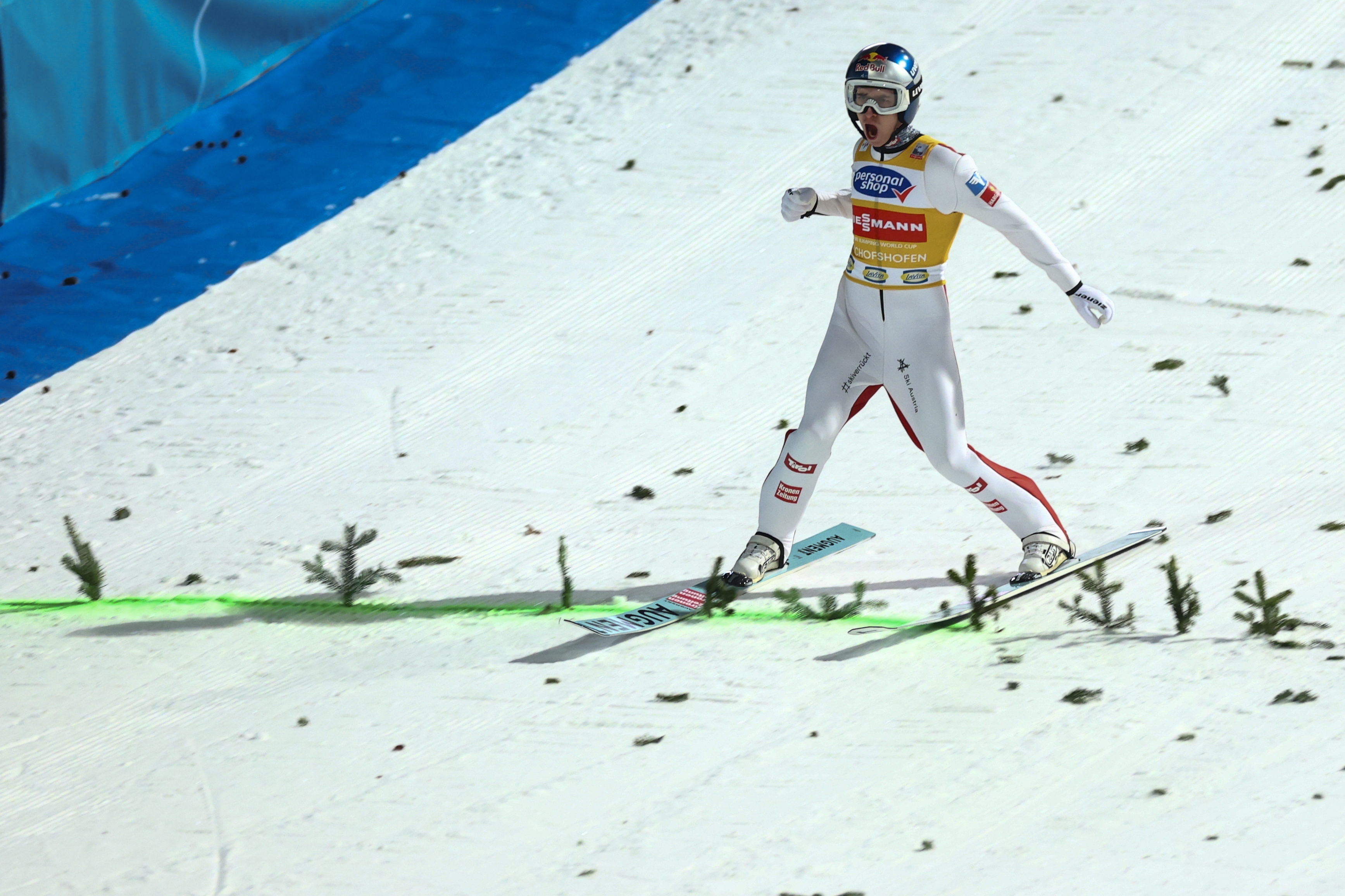epa11809908 Daniel Tschofenig of Austria reacts after his jump during the final round at the fourth stage of the 73rd Four Hills Ski Jumping Tournament in Bischofshofen, Austria, 06 January 2025.  EPA-EFE/ANNA SZILAGYI