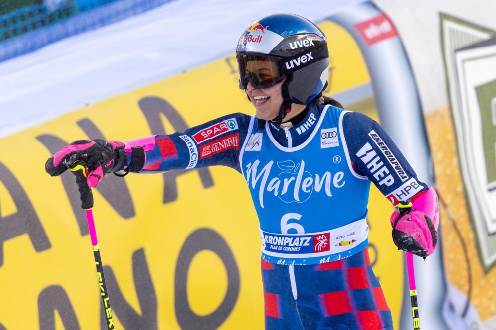 epa11842267 Zrinka Ljutic of Croatia reacts in the finish area during the Women's Giant Slalom race at the FIS Alpine Skiing World Cup in Kronplatz, Italy, 21 January 2025.  EPA-EFE/ANDREA SOLERO