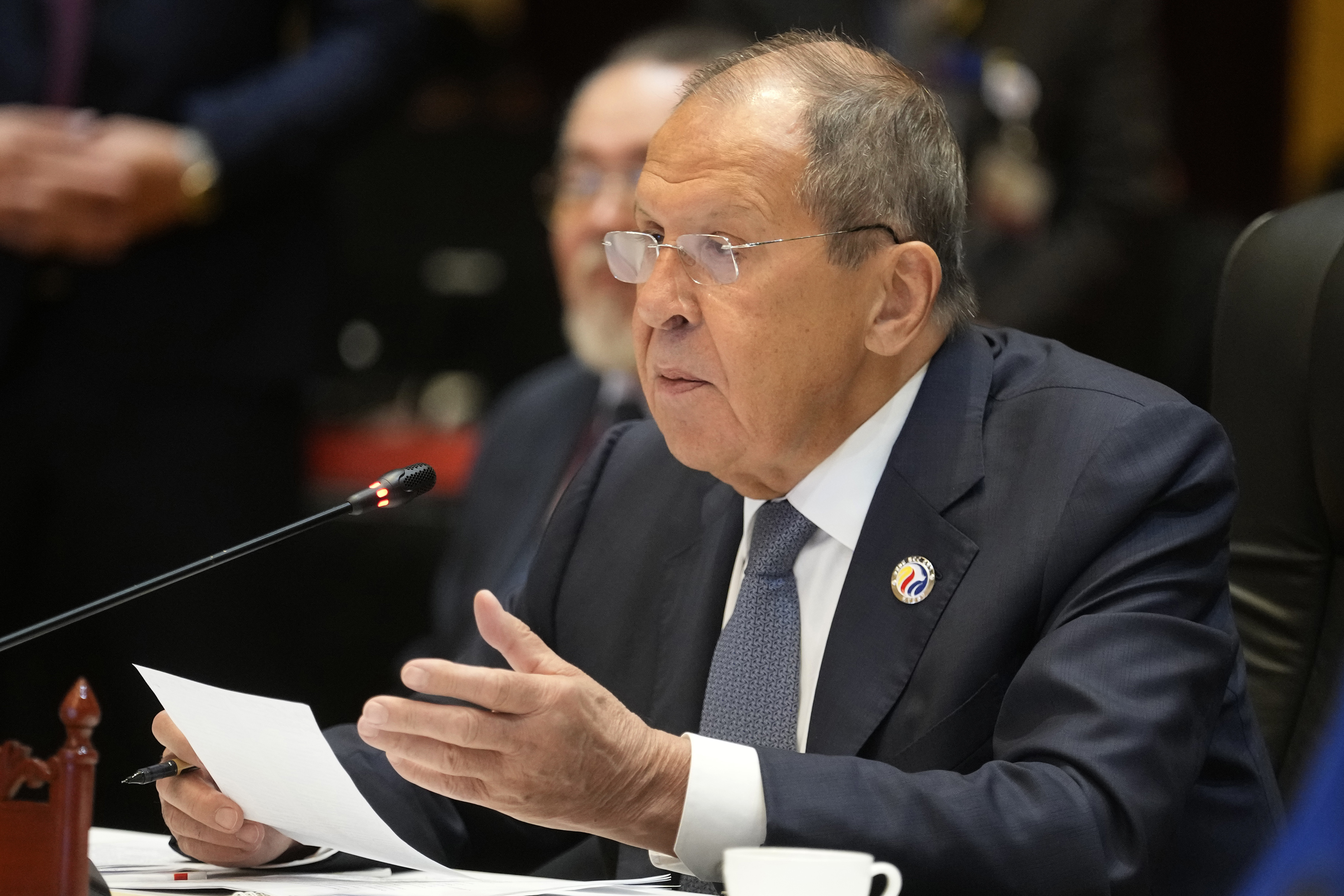 Russian Foreign Minister Sergey Lavrov speaks during the ASEAN Post Ministerial Conference with Russia at the Association of Southeast Asian Nations (ASEAN) Foreign Ministers' Meeting in Vientiane, Laos, Friday, July 26, 2024. (AP Photo/Sakchai Lalit)