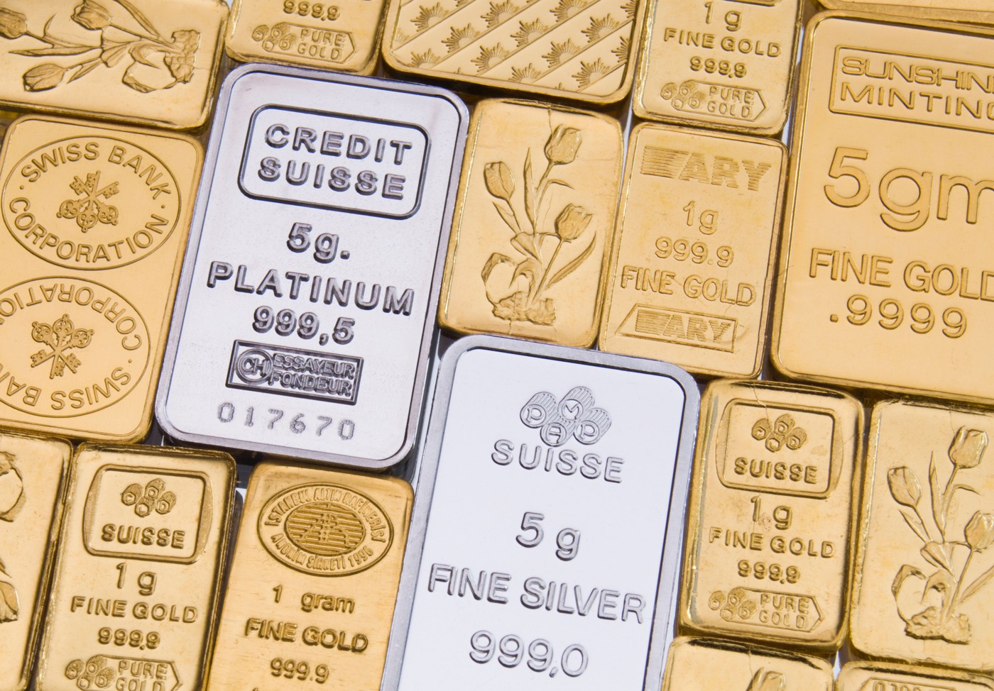 Gold, silver and platinum bullion in small bars