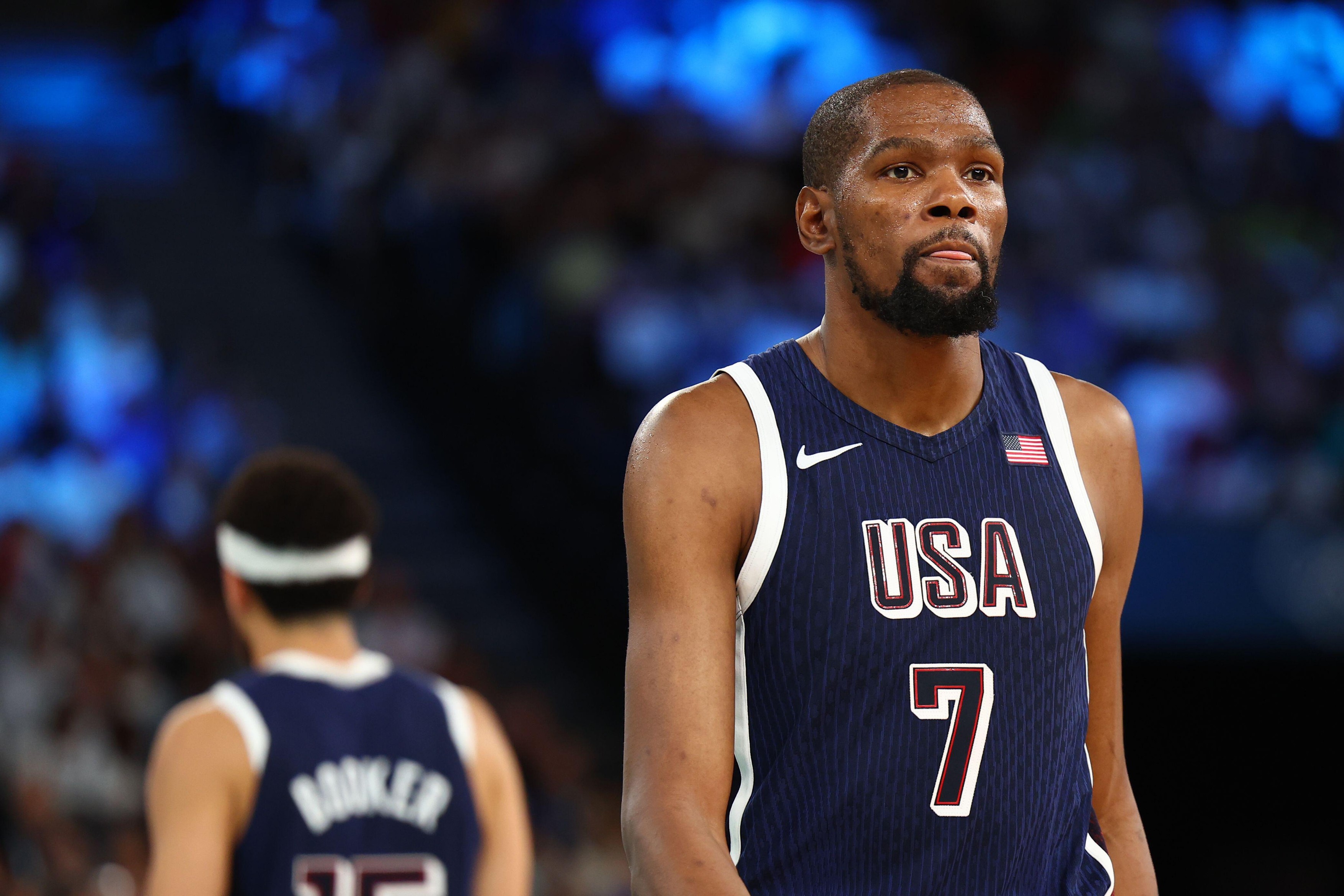 Paris, France. 11th Aug, 2024. Julien Mattia/Le Pictorium - Basket-ball 5x5 - final - France-USA - Paris 2024 - 11/08/2024 - France/Seine Saint Denis/Paris - Kevin Durant (USA) during the Final of the Paris Olympic Games, between France and the USA, at Ar