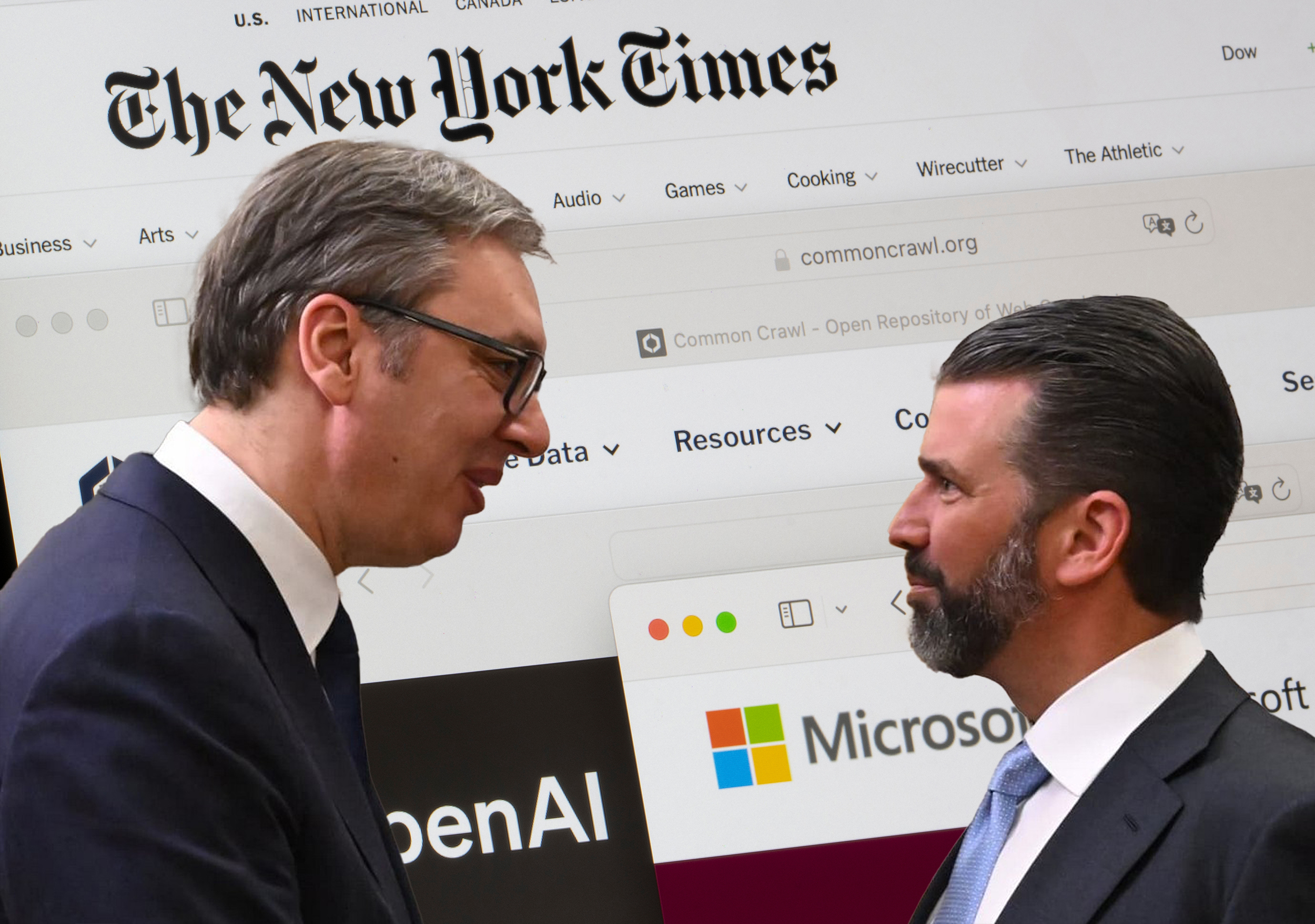 kombo sa slikom Donalda Trampa Mlađeg i Aleksandra Vučića i logo Njujork tajmsa, Vucic, tramp mladji, new york times kombo