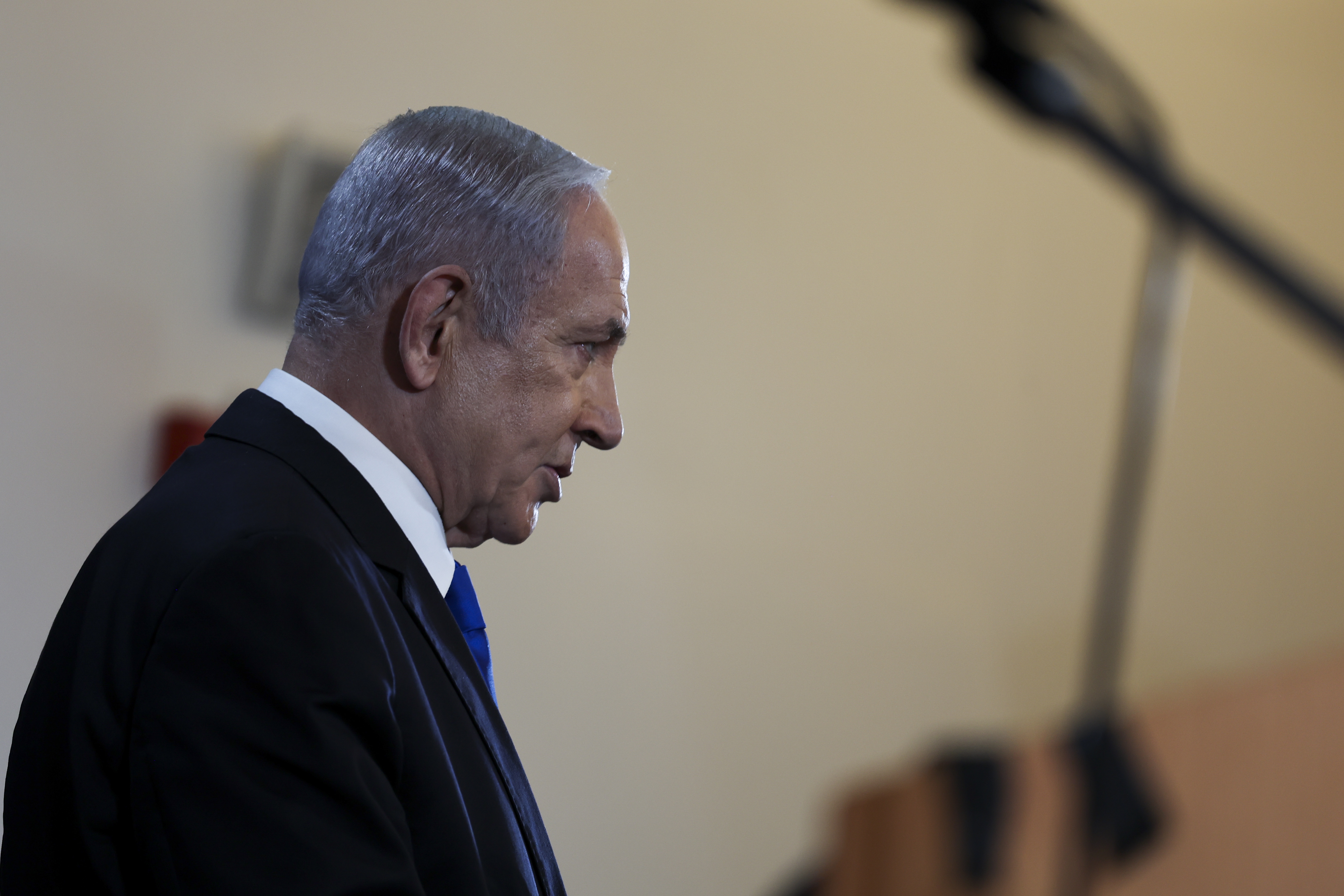 epa11476471 Israeli Prime Minister Benjamin Netanyahu speaks during a press conference amid the ongoing conflict in Gaza between Israel and Hamas, in Tel Aviv, Israel, 13 July 2024.  EPA-EFE/NIR ELIAS / POOL