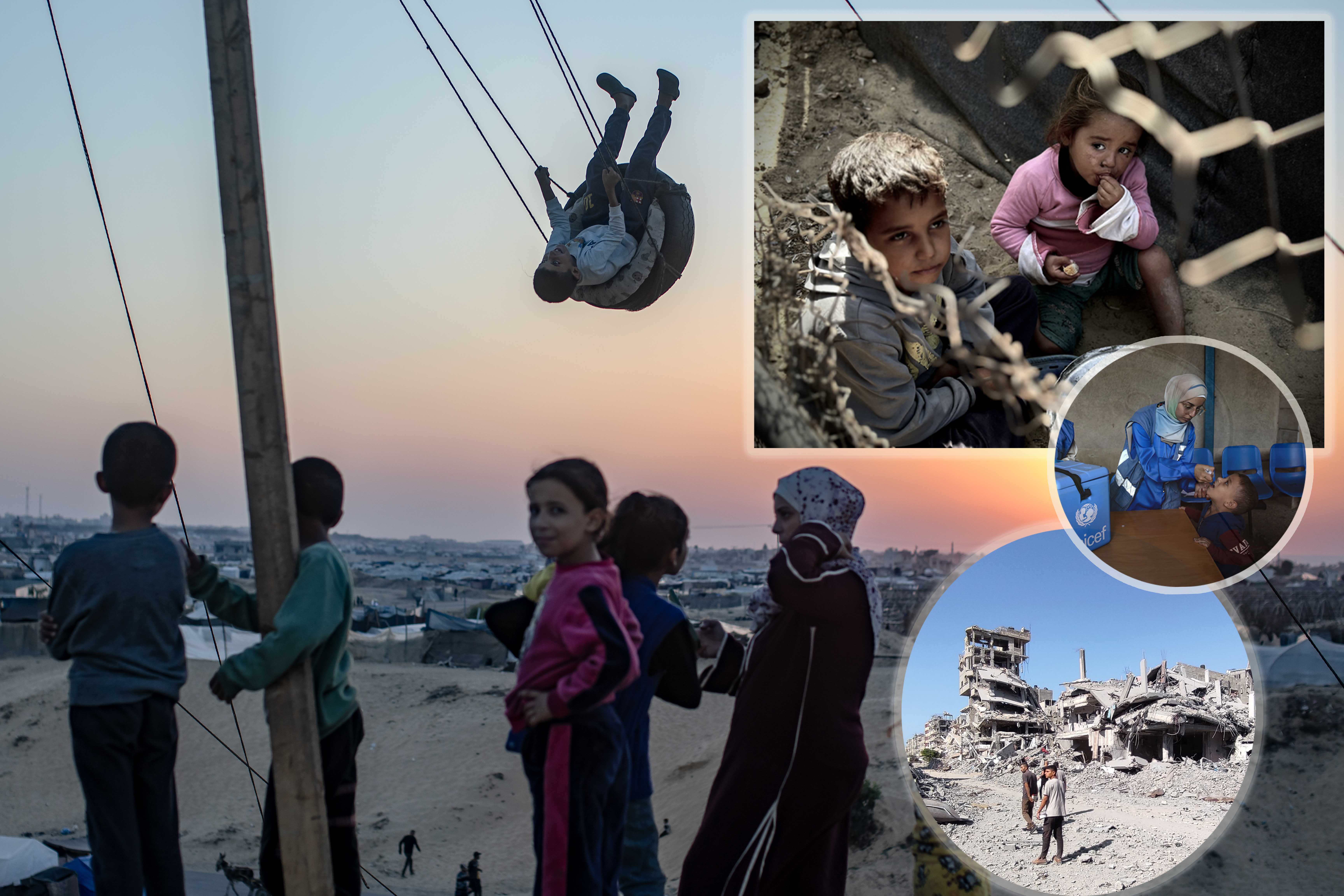 Displaced Palestinians play on swings at Khan Younis refugee camp