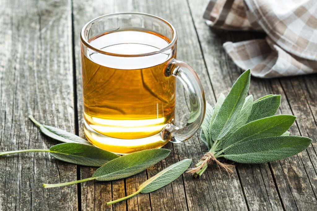 Sage tea and sage leaves. Infusion made from sage leaves. Medicinal  herb Salvia officinalis.,Image: 348871747, License: Royalty-free, Restrictions: , Model Release: no, Credit line: Jiri Hera / Panthermedia / Profimedia