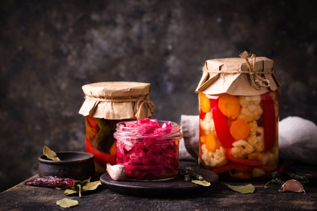 Healthy homemade fermented food in jars. Pickled vegetables,Image: 990728987, License: Royalty-free, Restrictions: , Model Release: no, Credit line: Yuliya Furman / Alamy / Profimedia