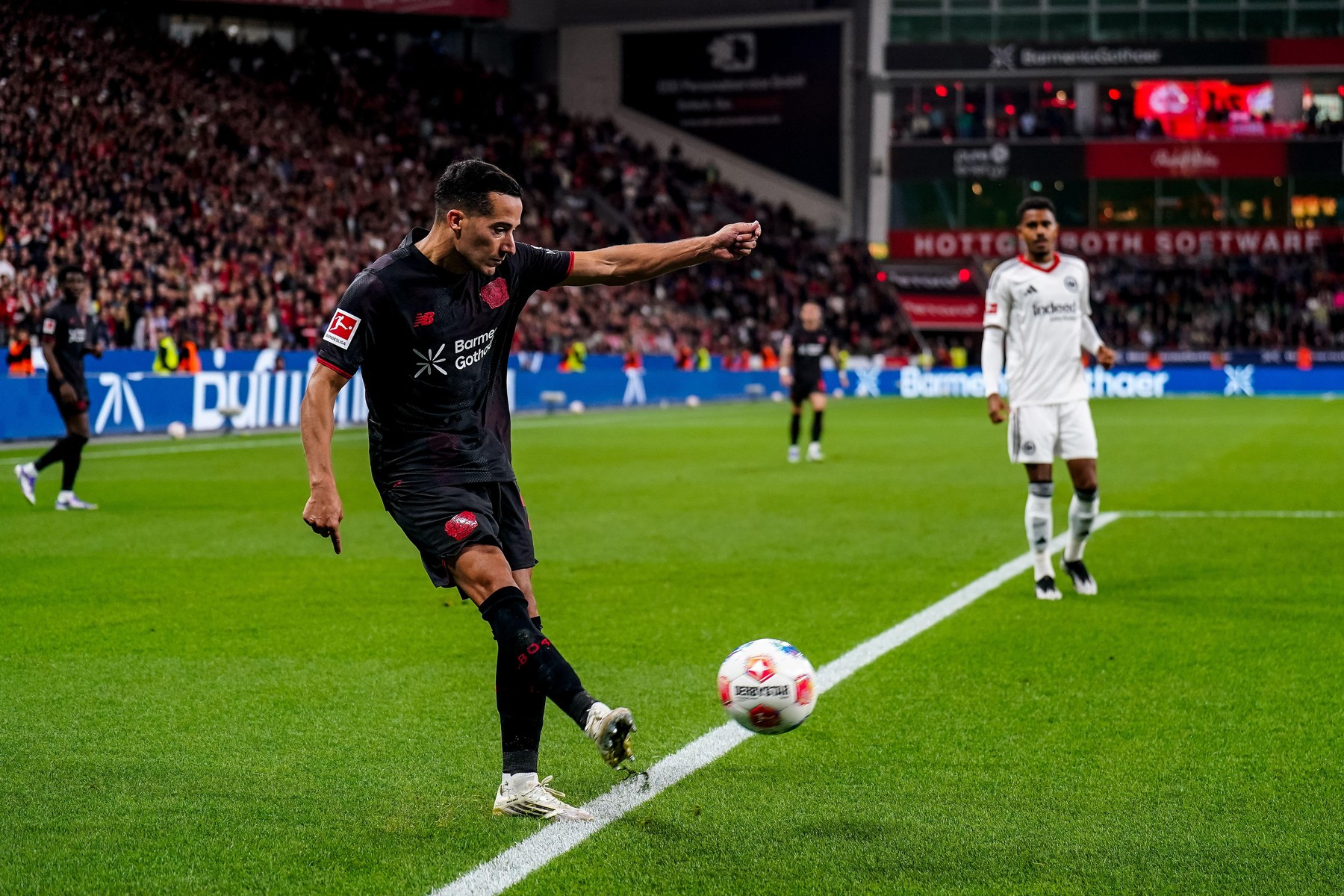 LEVERKUSEN, GERMANY - SEPTEMBER 12: Lucas Vazquez of Bayer 04 Leverkusen passes the ball during the Bundesliga match between Bayer 04 Leverkusen and Eintracht Frankfurt at BayArena on September 12, 2025 in Leverkusen, Germany. (Photo by Rene Nijhuis)