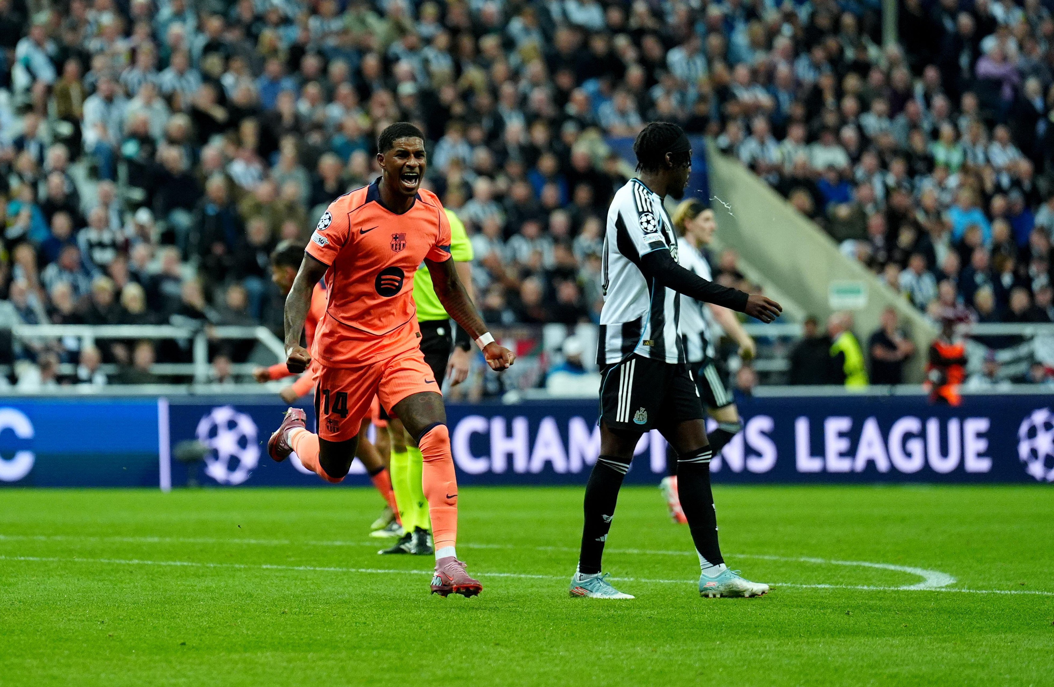 Barcelona's Marcus Rashford celebrates scoring their side's first goal of the game during the UEFA Champions League league phase match at St. James' Park, Newcastle. Picture date: Thursday September 18, 2025.