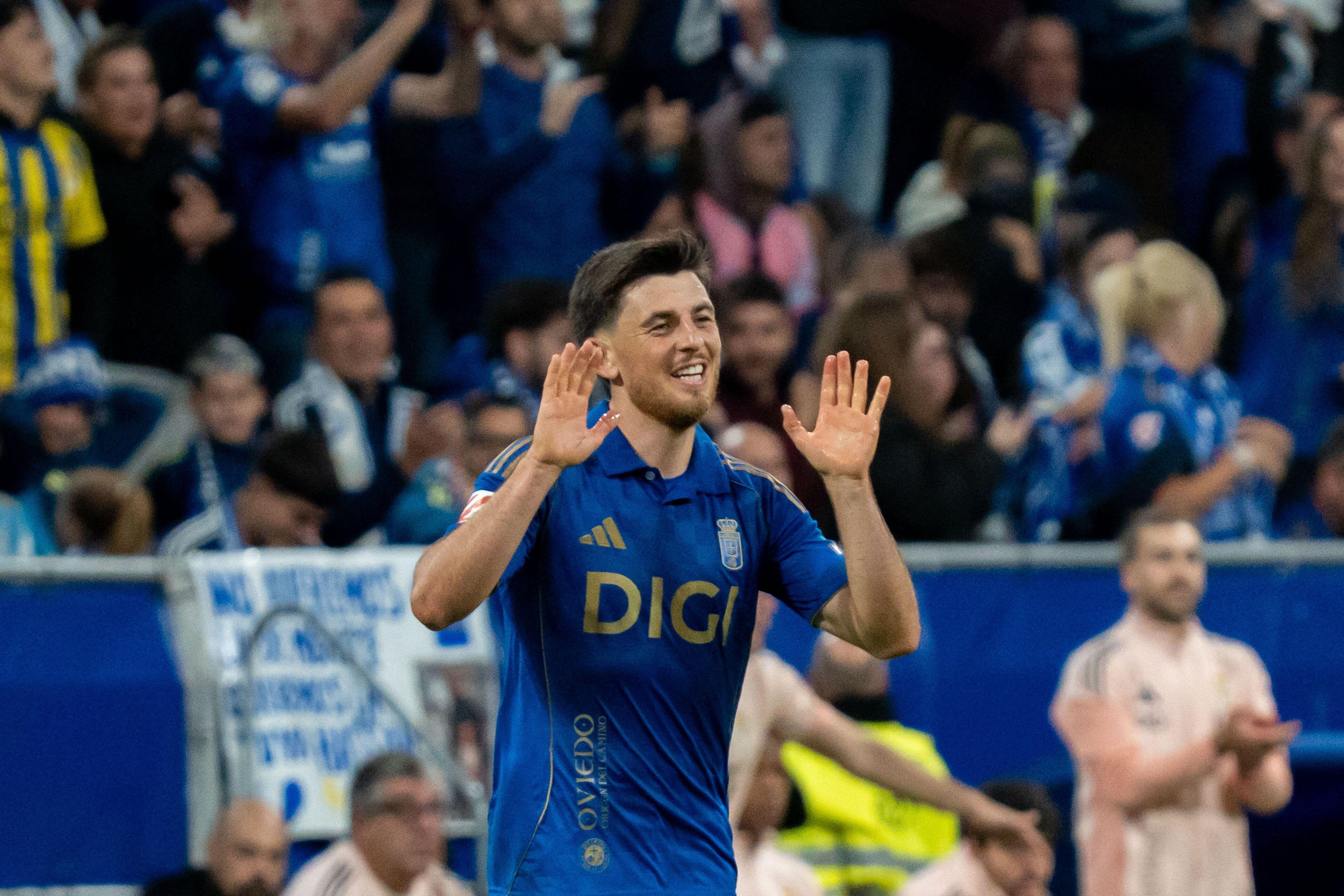 Alberto Reina (N5) celebrating after scoring during La Liga game between Real Oviedo and Barcelona at Carlos Tartiere, Oviedo, Spain.