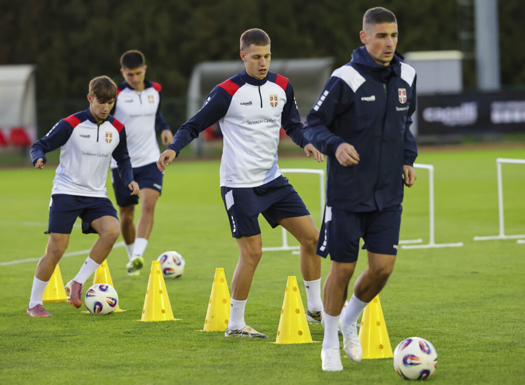 Andrej Ilic (R) Ognjen Ugresic (C) and Vasilije Kostov of Serbia during the Training Session of National Football team of Serbia at Sports center FSS on October 06, 2025 in Stara Pazova , Serbia. (Photo by Srdjan Stevanovic/Starsport.rs ©)