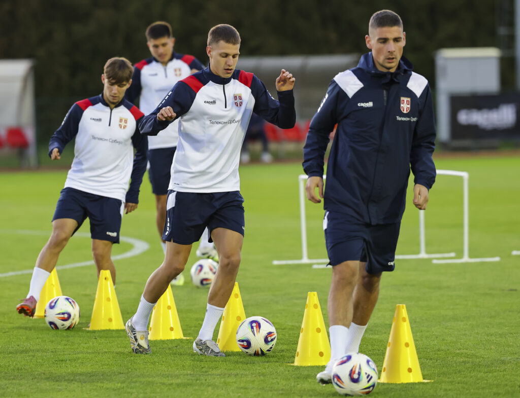 Andrej Ilic (R) Ognjen Ugresic (C) and Vasilije Kostov of Serbia during the Training Session of National Football team of Serbia at Sports center FSS on October 06, 2025 in Stara Pazova , Serbia. (Photo by Srdjan Stevanovic/Starsport.rs ©)