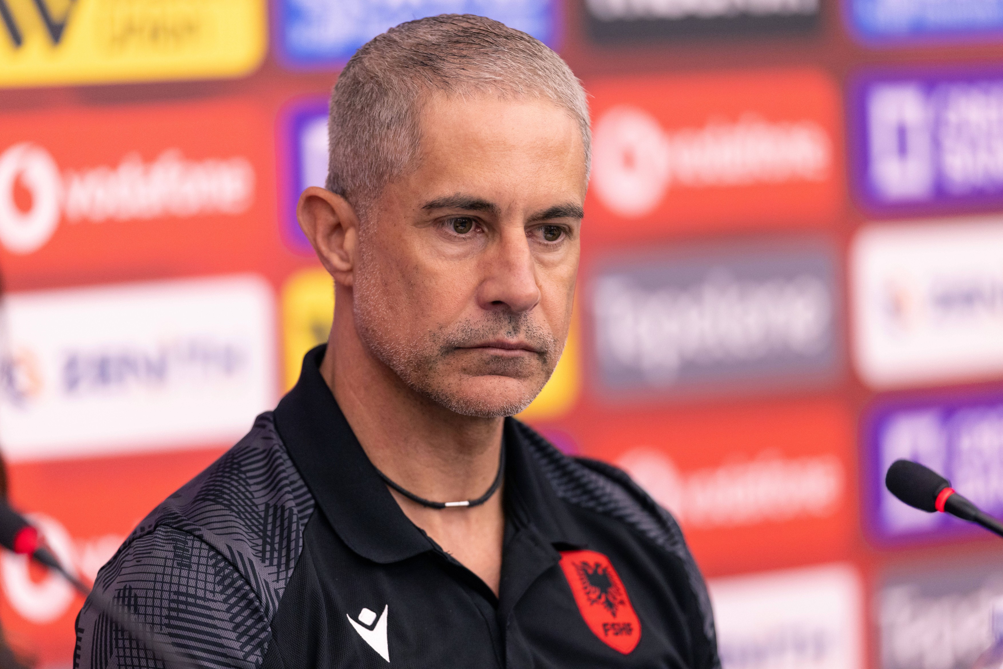 Sylvinho attends a press conference in Tirana, Albania on May 26, 2025.