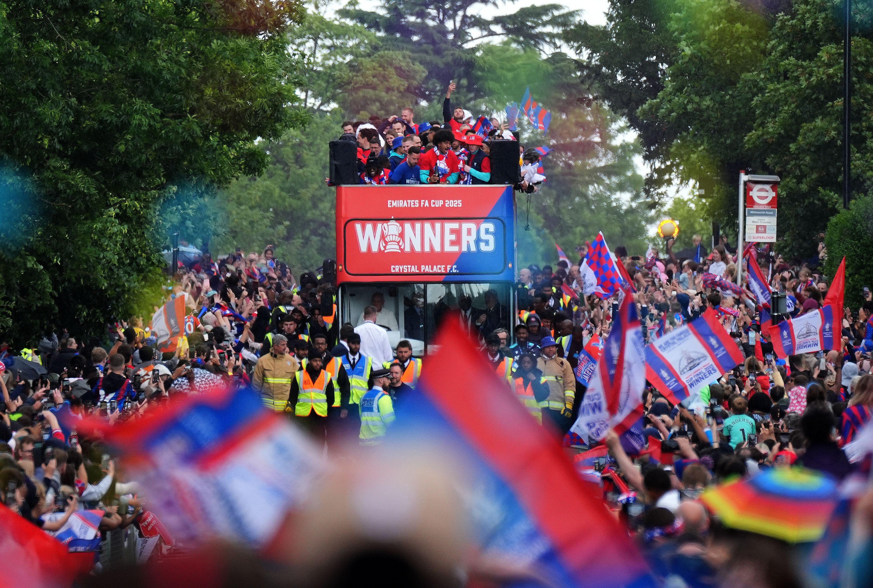 File photo dated 26-05-2025 of Crystal Palace players on a open-top bus during the FA Cup winners parade in London. Crystal Palace have lost their appeal to the Court of Arbitration for Sport against their demotion from the Europa League and will play in
