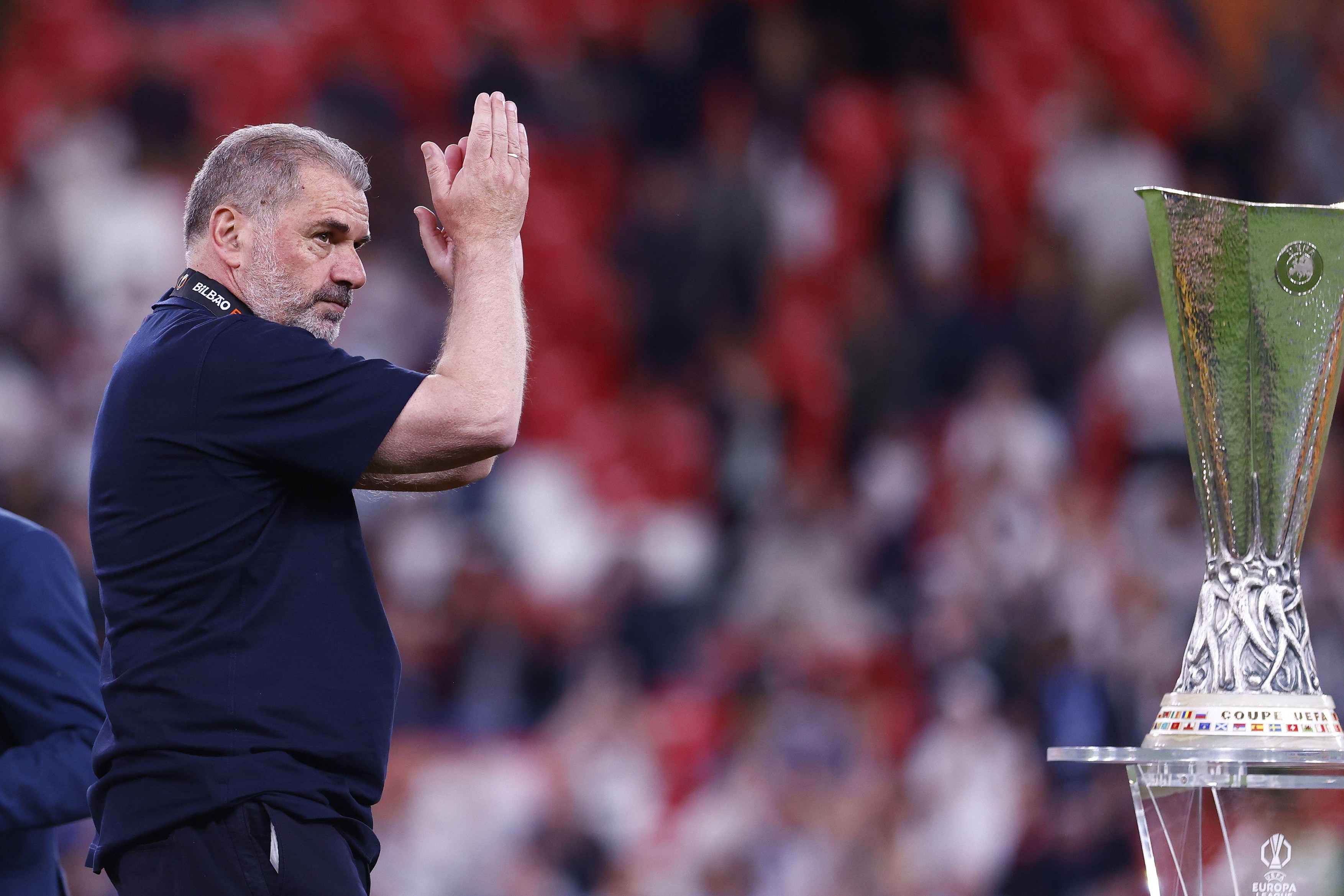 Ange Postecoglou, head coach of Tottenham celebrates after winning the UEFA Europa League Final football match between Tottenham Hotspur and Manchester United on 21 May 2025 at San Mames Stadium in Bilbao, Spain