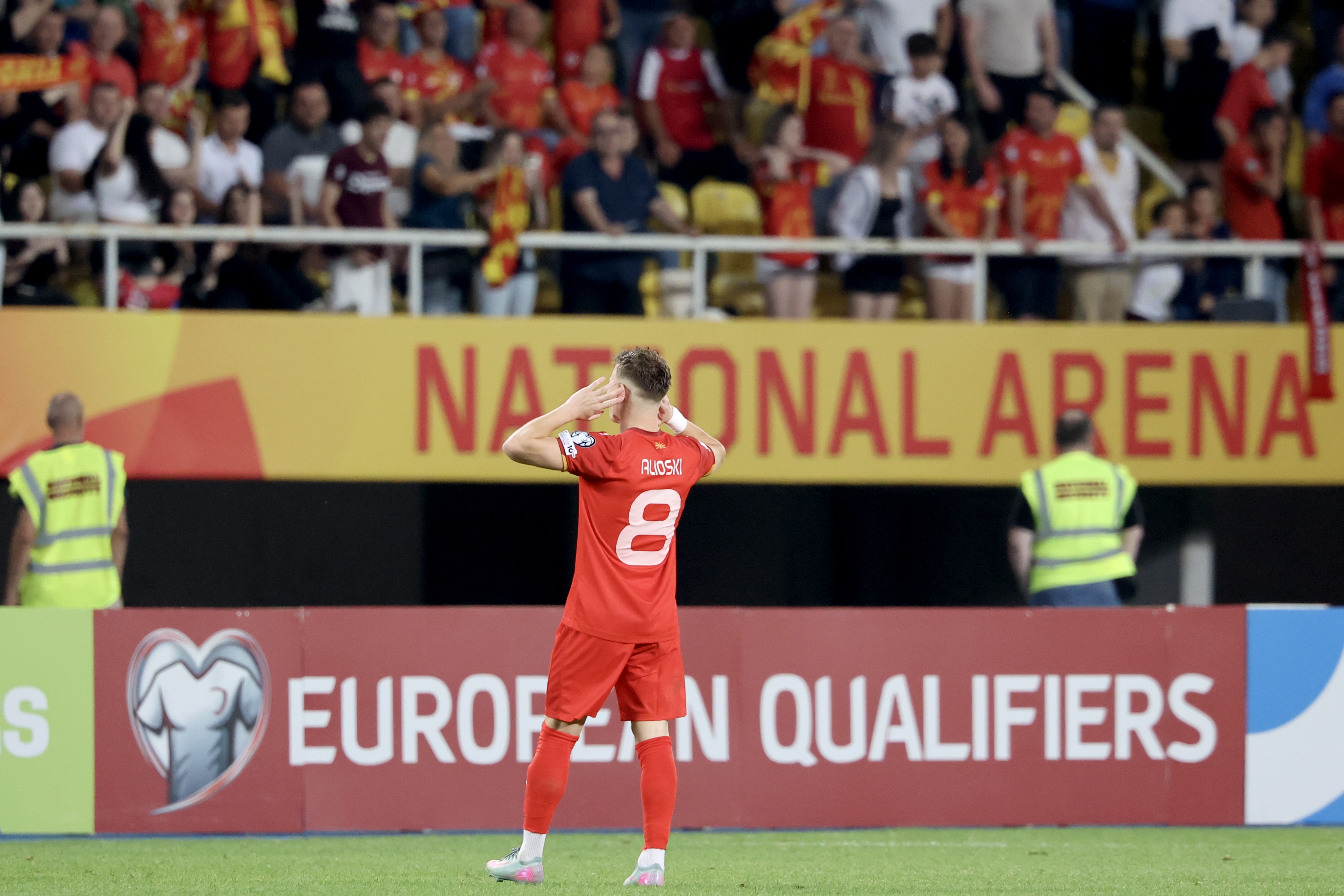 epa12161258 Ezgjan Alioski of North Macedonia celebrates after scoring the 1-1 equalizing goal during the FIFA World Cup 26 qualification match between North Macedonia and Belgium in Skopje, North Macedonia, 06 June 2025.  EPA-EFE/GEORGI LICOVSKI