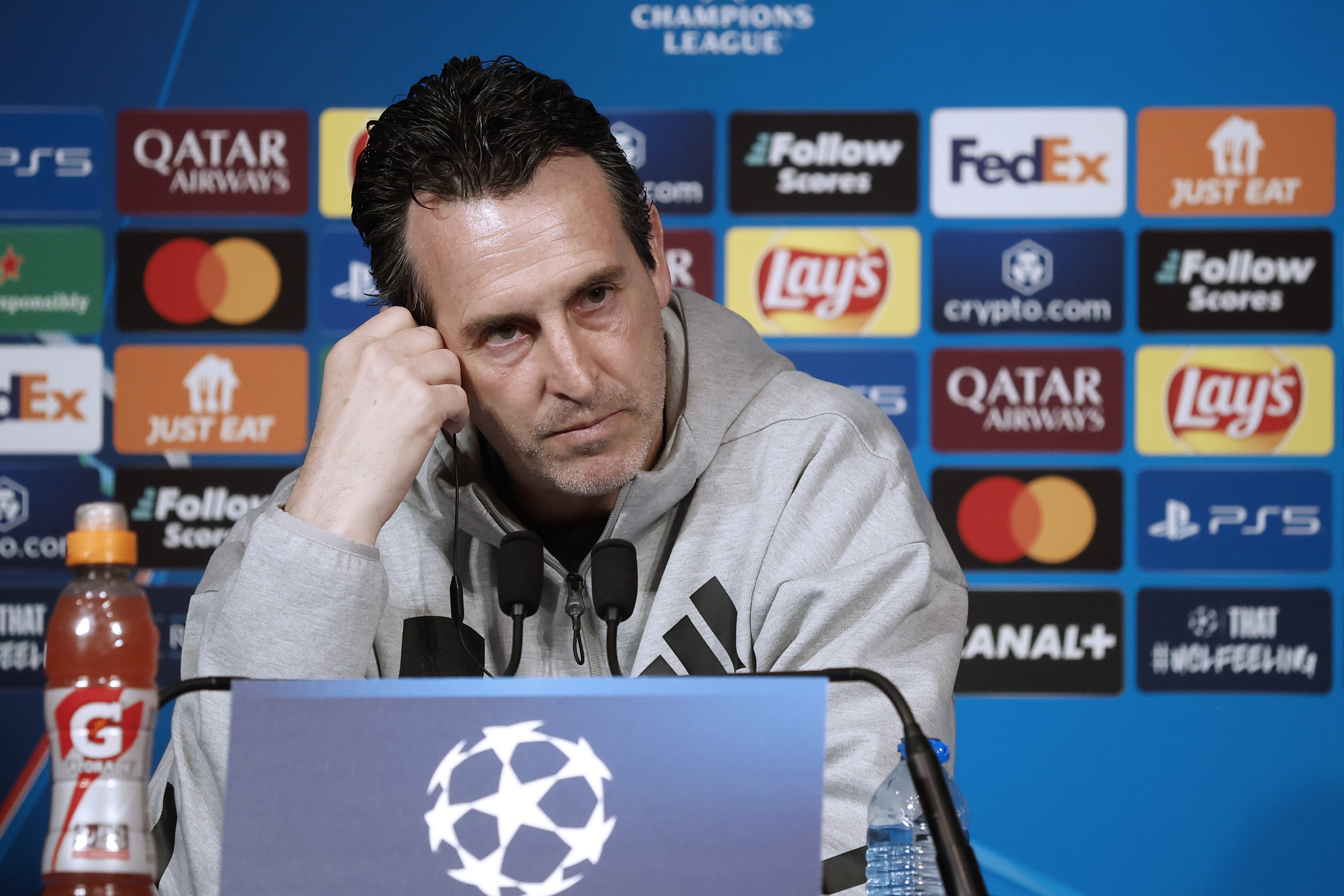 epa12018555 Aston Villa head coach Unai Emery attends a press conference at the Parc des Princes stadium in Paris, France, 08 April 2025. Aston Villa will face  PSG on 09 April in a UEFA Champions League quarter final first leg match.  EPA-EFE/YOAN VALAT