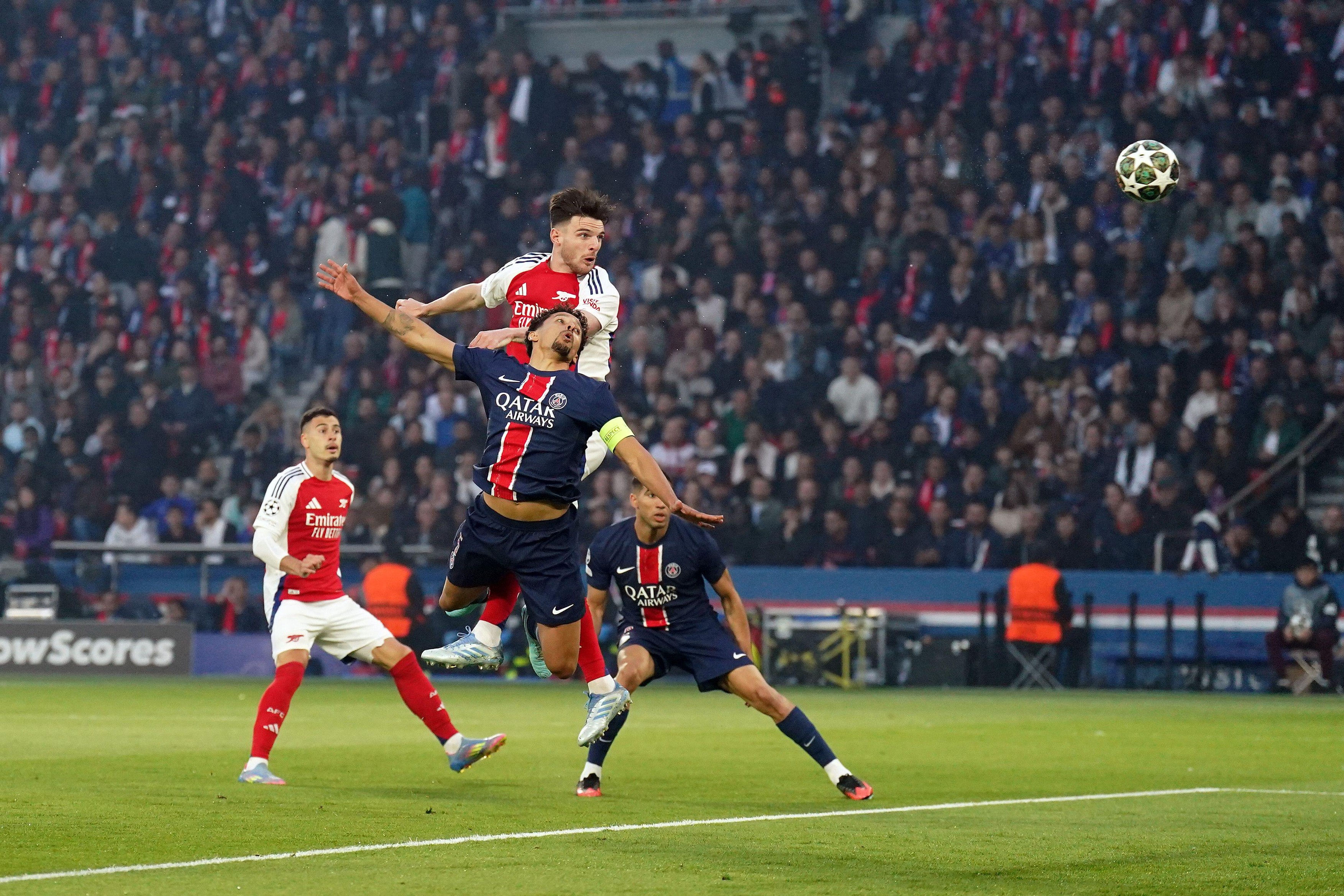 Arsenal's Declan Rice attempts a headed shot towards goal during the UEFA Champions League semi final, second leg match at the Parc des Princes in Paris, France. Picture date: Wednesday May 7, 2025.