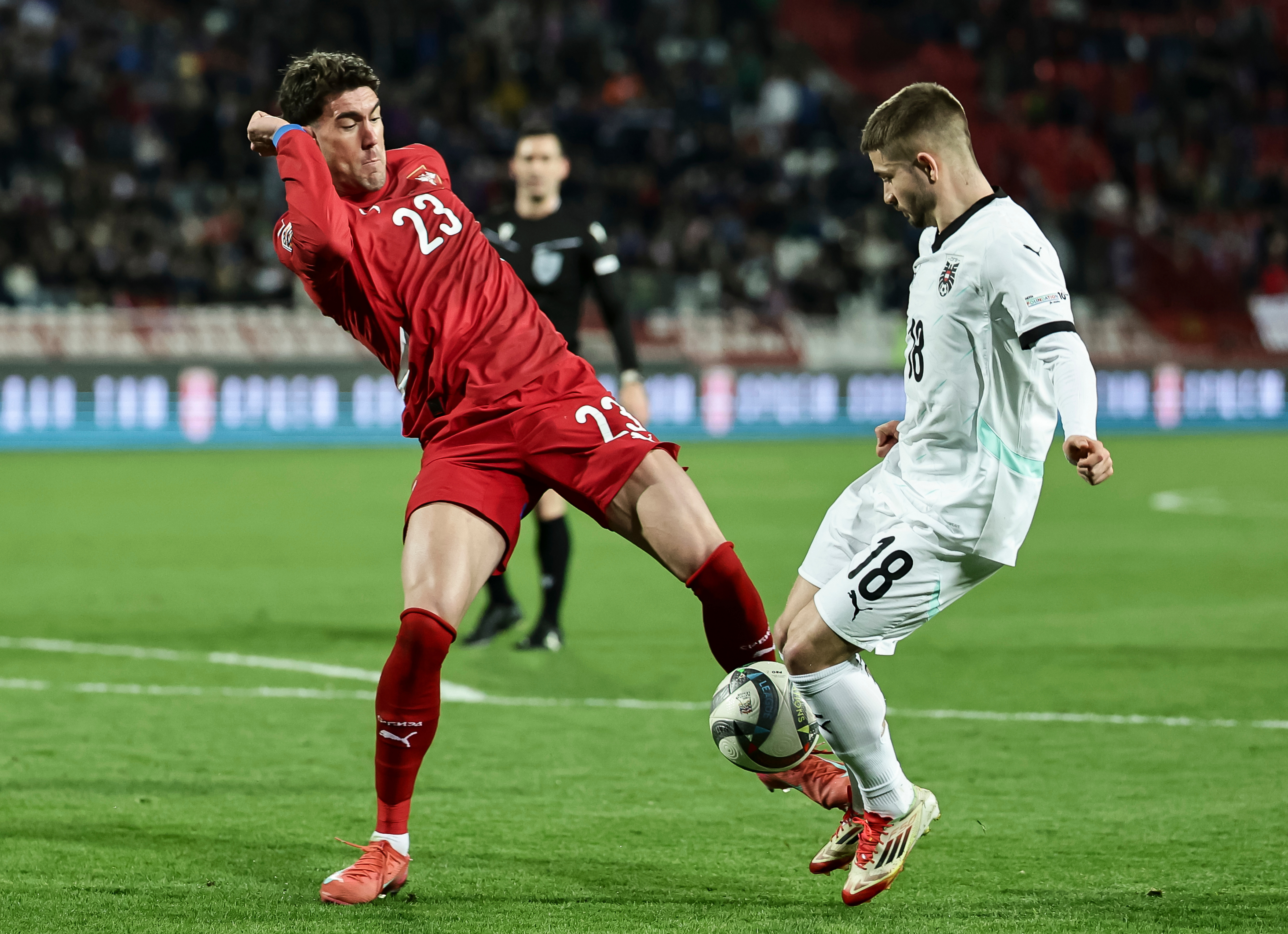 during the UEFA Nations League 2024/25 League A/B Play-offs Second Leg match between Serbia and Austria at Stadium Rajko Mitic on March 23, 2025 in Leskovac, Serbia. (Photo by Srdjan Stevanovic/Starsport.rs ©)