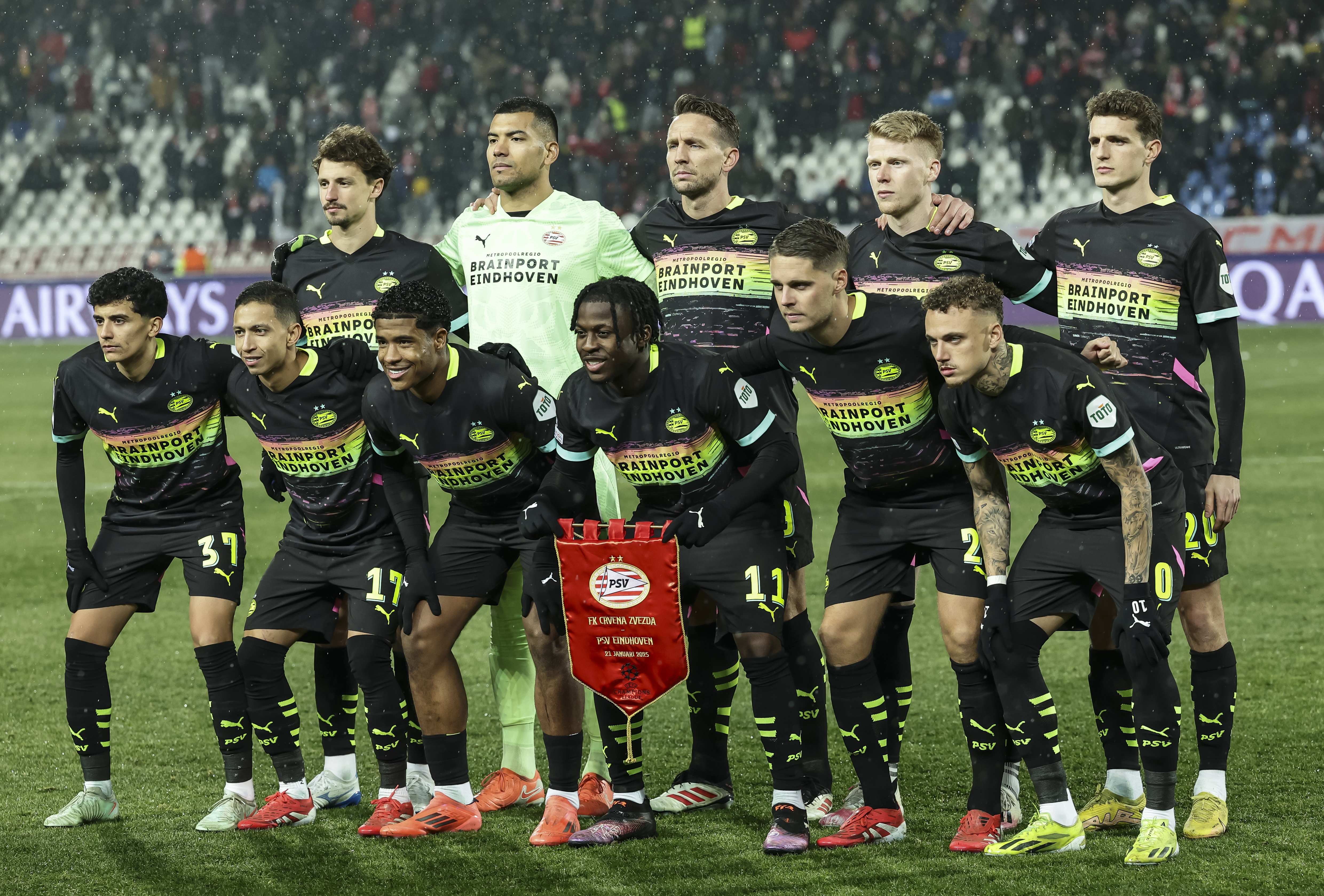 Players of PSV Eindhoven pose for a photo prior to the UEFA Champions League match Season 2024/2025 match between Crvena Zvezda and PSV Eindhoven at stadium Rajko Mitic on January 21, 2025 in Belgrade, Serbia. (Photo by Srdjan Stevanovic/Starsport.rs ©)