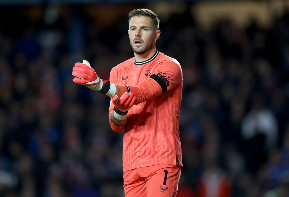 epa10875868 Rangers goalkeeper Jack Butland during the UEFA Europa League Group C match between Glasgow Rangers and Real Betis in Glasgow, Britain, 21 September 2023.  EPA-EFE/ROBERT PERRY