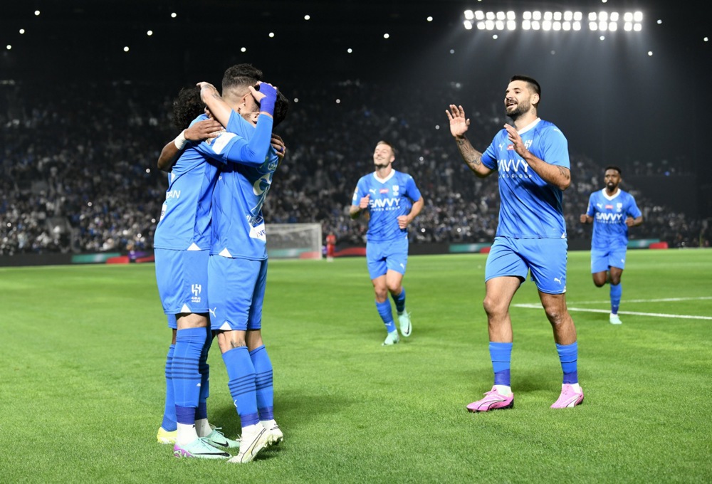 epa11112938 Al Hilal players celebrate after scoring during the Riyadh Season Cup 2024 match between Al Hilal and Inter Miami in Riyadh, Saudi Arabia, 29 January 2024.  EPA-EFE/STR