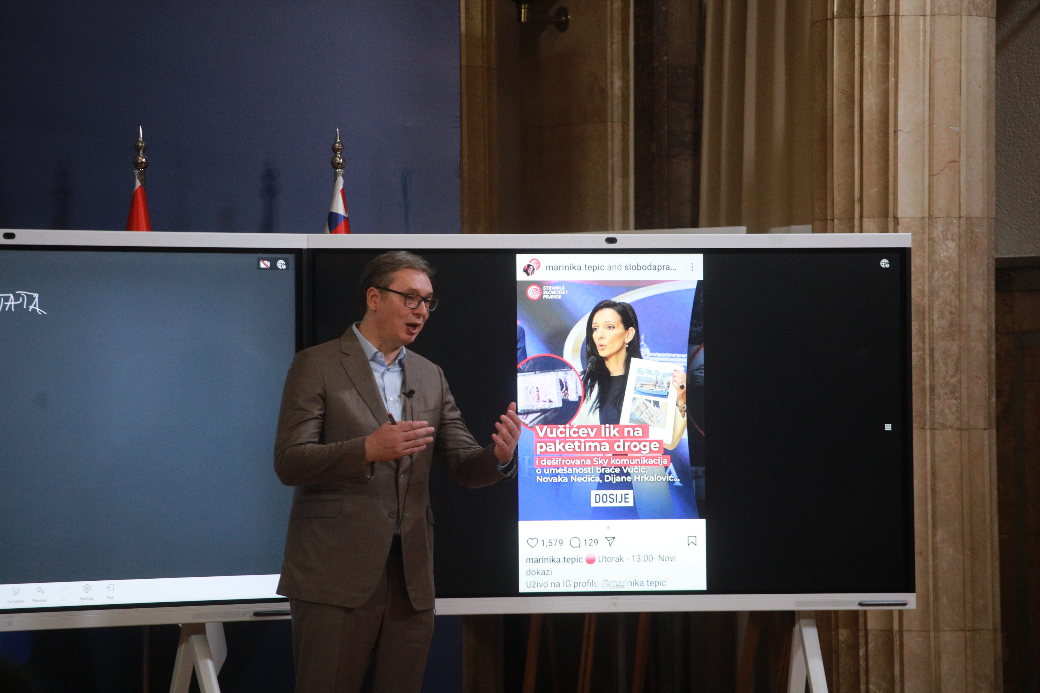 The President of the Republic of Serbia, Aleksandar Vucic, addressed the public at the Palace of Serbia regarding the current political situation in the country.