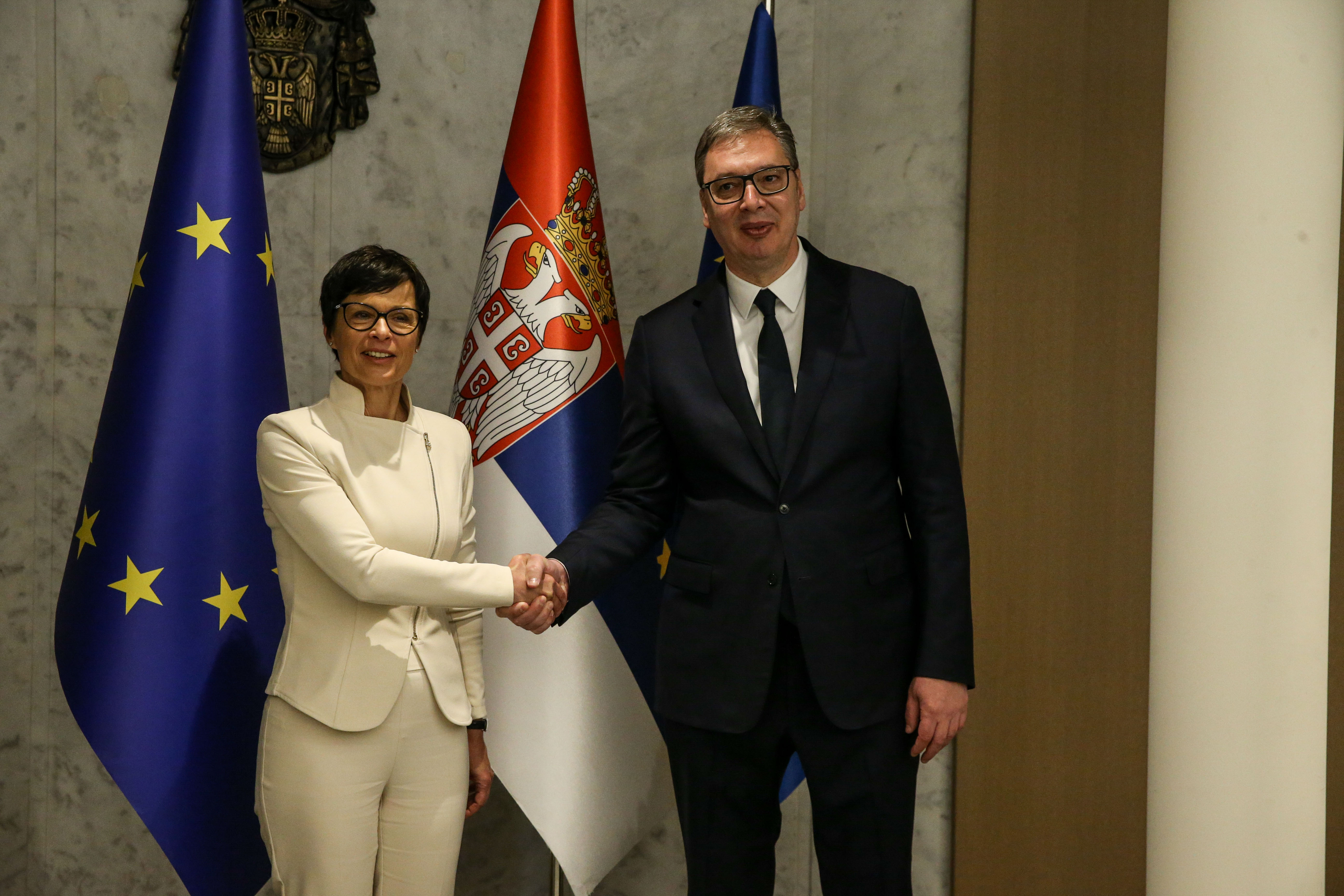 European Commissioner for Enlargement Marta Kos is visiting Serbia and on that occasion met with the President of the Republic of Serbia Aleksandar Vucic in the Villa Mir.