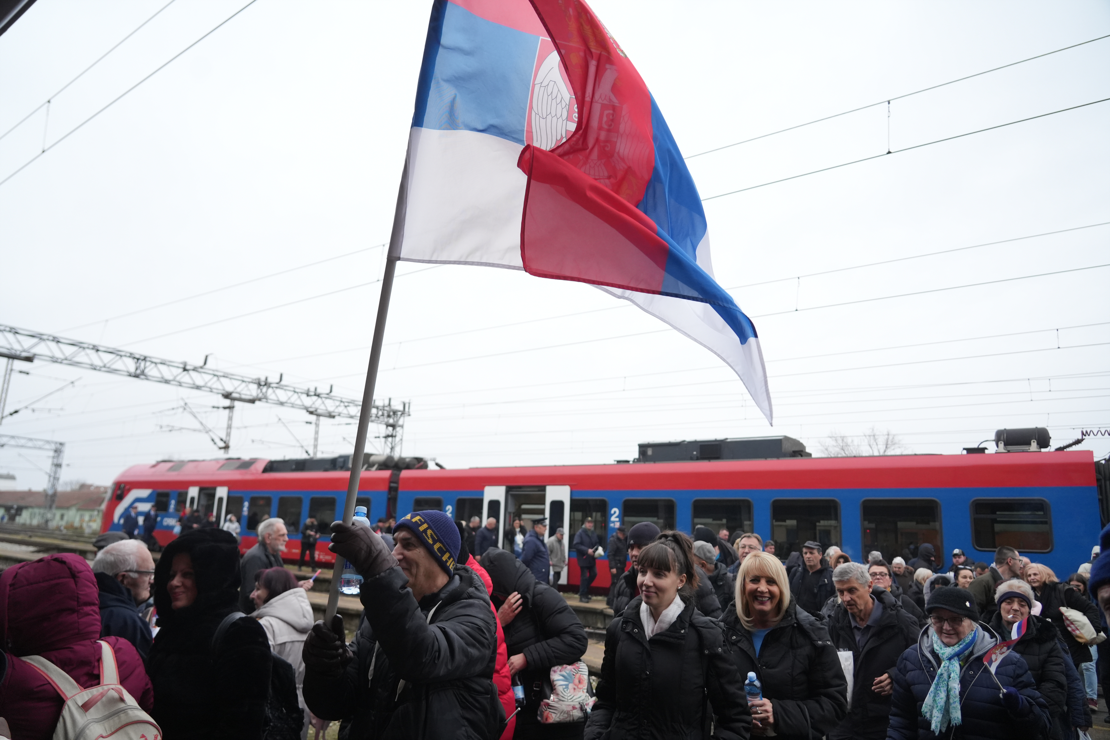 Arrival of members and supporters of the Serbian Progressive Party by train to Sremska Mitrovica for a rally called "Let's meet at Sretenje" on the occasion of the celebration of the Statehood Day of Serbia.