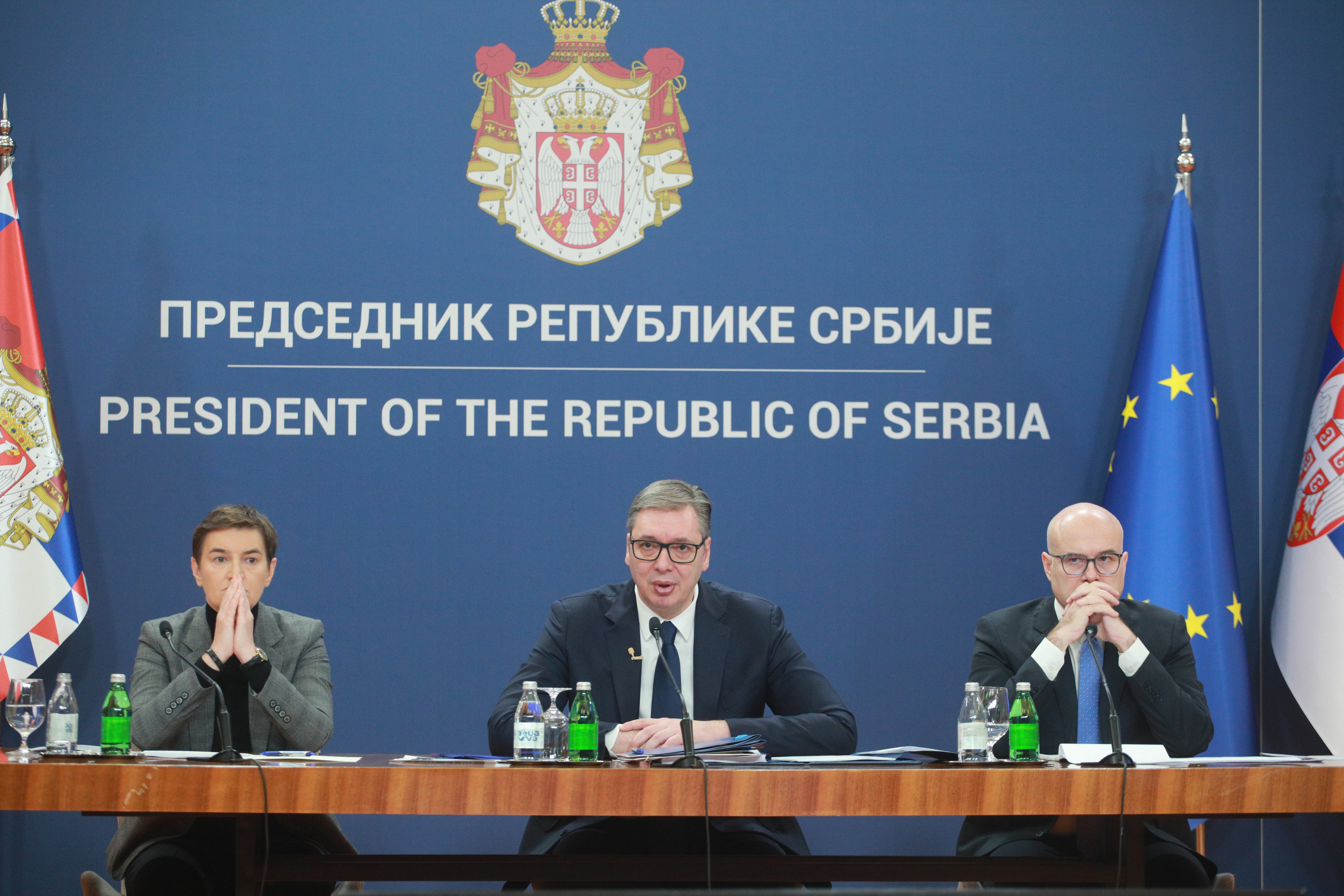 The President of the Republic of Serbia Aleksandar Vucic addressed the public with the Prime Minister of the Republic of Serbia Milos Vucevic and the Speaker of the National Assembly of the Republic of Serbia Ana Brnabic at the Palace of Serbia.