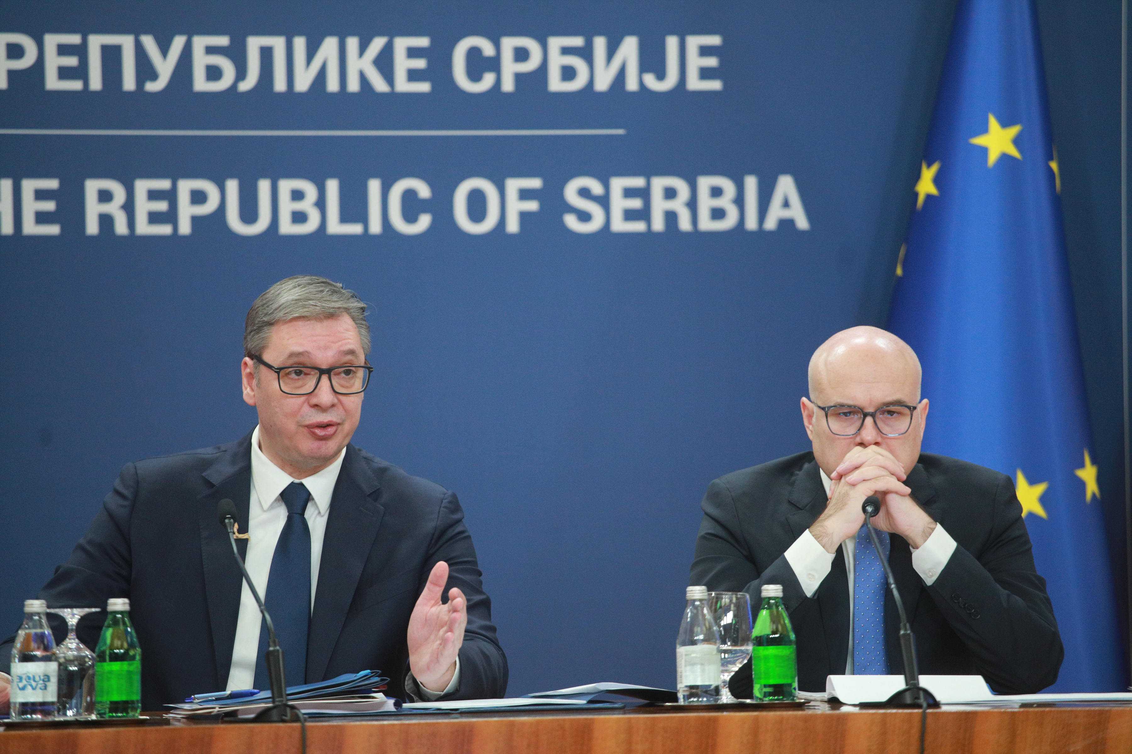 The President of the Republic of Serbia Aleksandar Vucic addressed the public with the Prime Minister of the Republic of Serbia Milos Vucevic and the Speaker of the National Assembly of the Republic of Serbia Ana Brnabic at the Palace of Serbia.