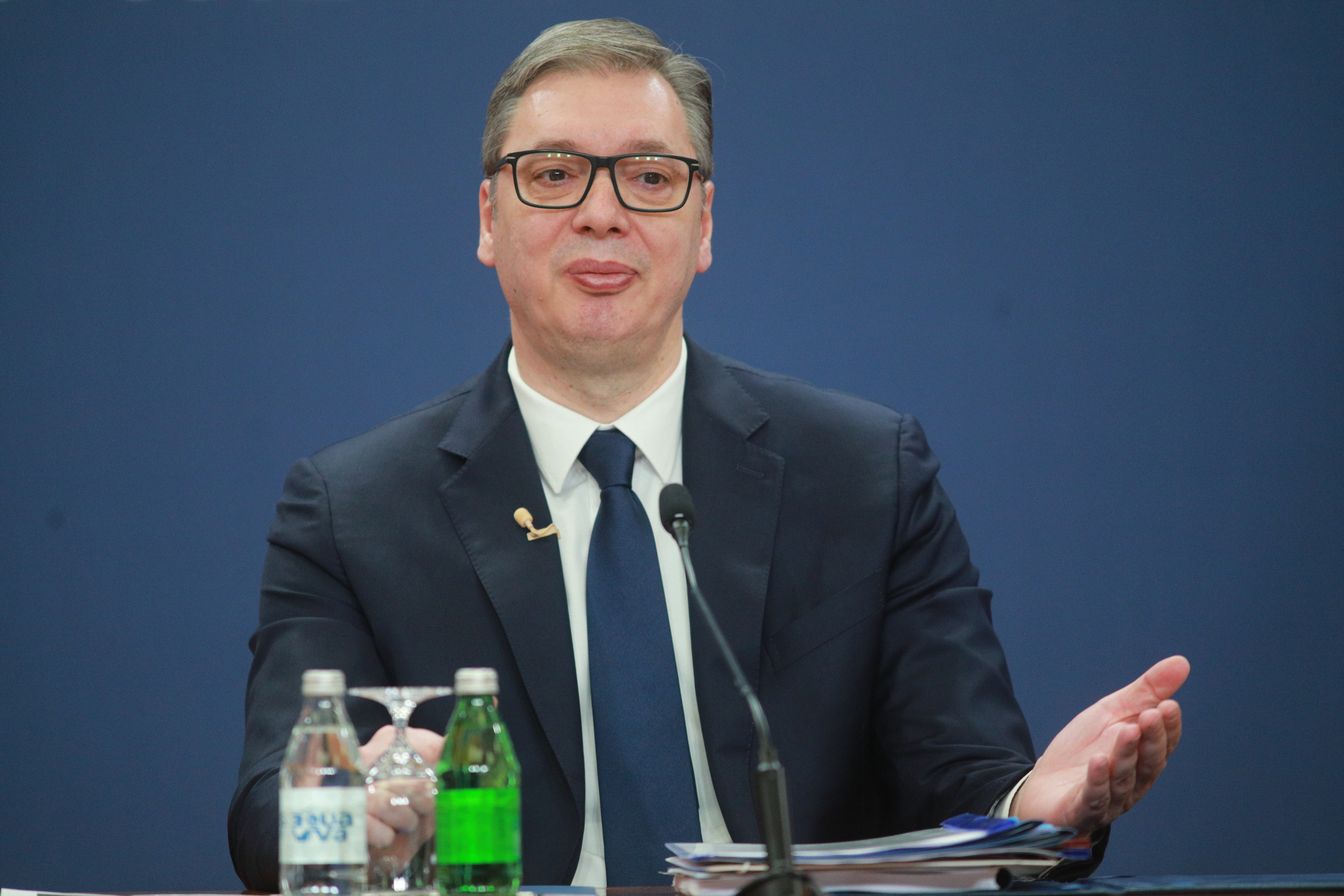 The President of the Republic of Serbia Aleksandar Vucic addressed the public with the Prime Minister of the Republic of Serbia Milos Vucevic and the Speaker of the National Assembly of the Republic of Serbia Ana Brnabic at the Palace of Serbia.