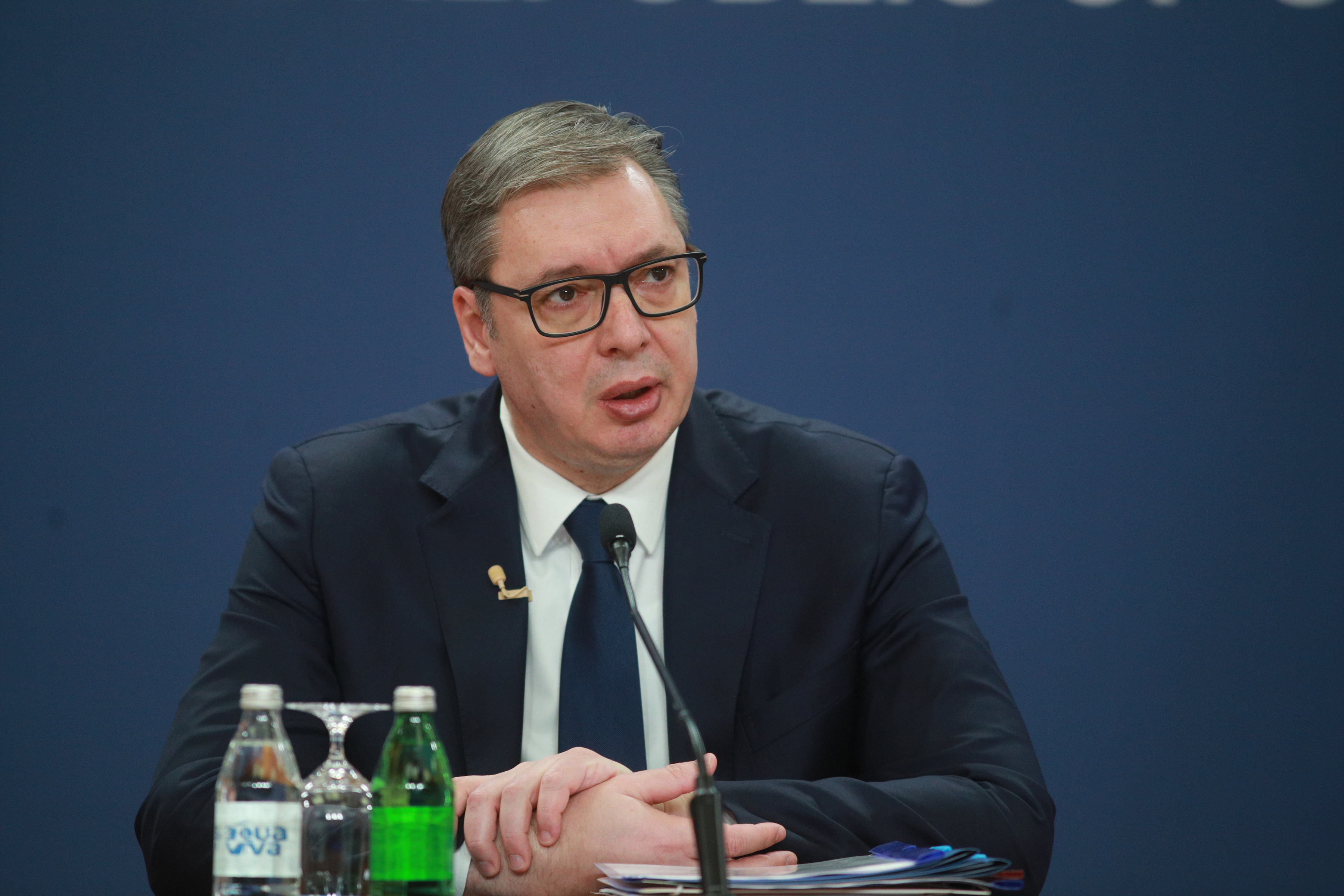 The President of the Republic of Serbia Aleksandar Vucic addressed the public with the Prime Minister of the Republic of Serbia Milos Vucevic and the Speaker of the National Assembly of the Republic of Serbia Ana Brnabic at the Palace of Serbia.