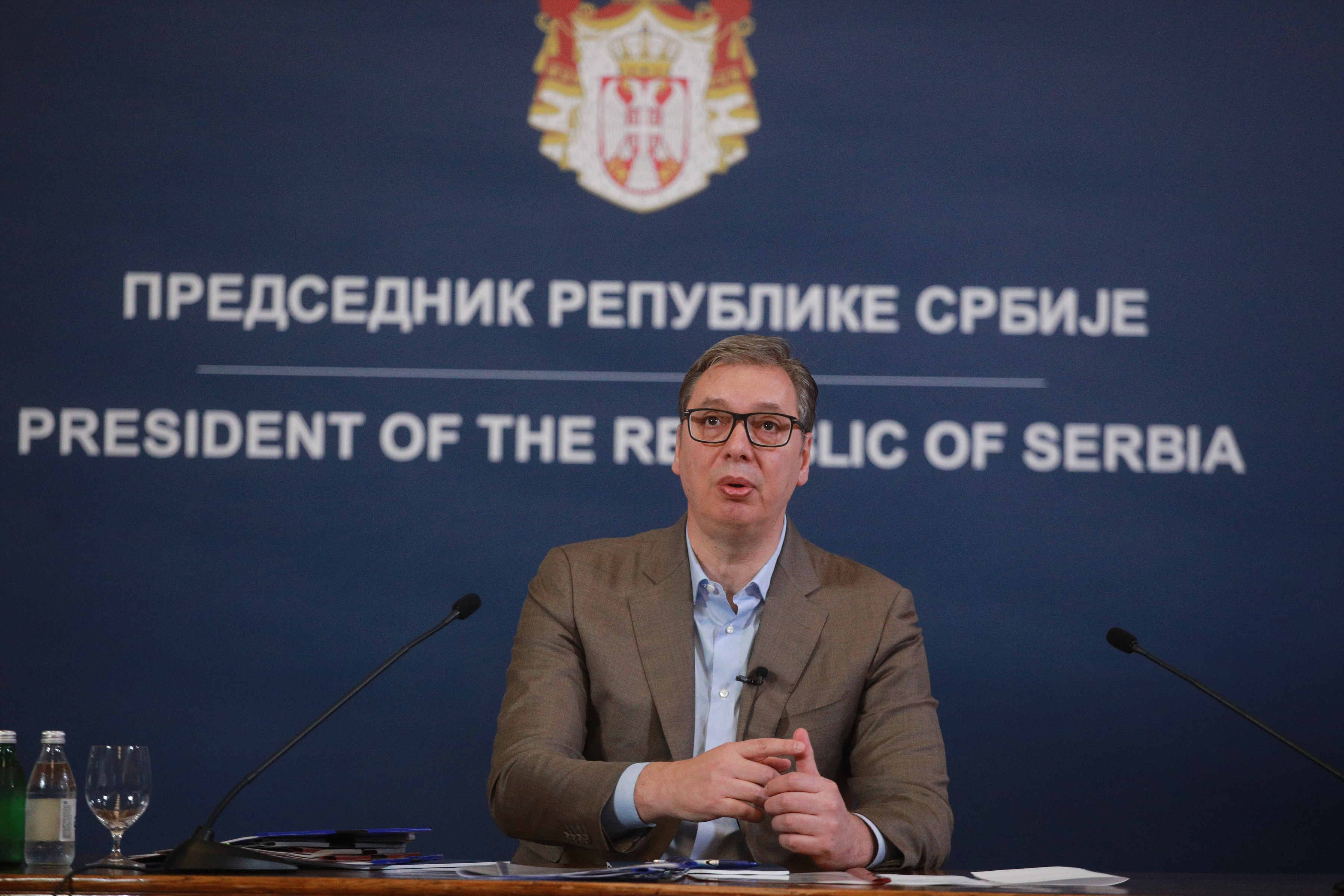 The President of the Republic of Serbia, Aleksandar Vucic, addressed the public at the Palace of Serbia regarding the current political situation in the country.