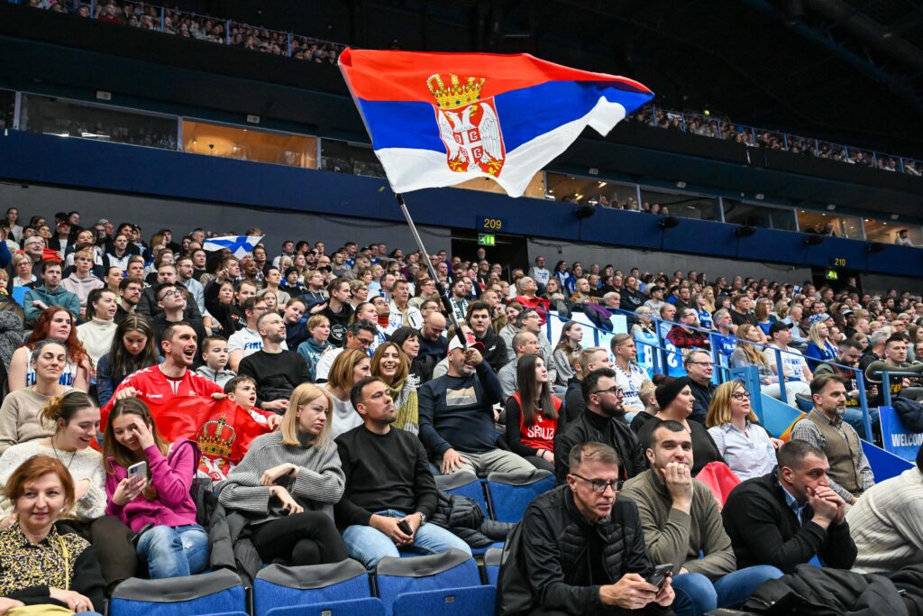 epa11913527 Serbia supporters cheer during the FIBA EuroBasket 2025 Qualifiers match between Finland and Serbia, in Espoo, Finland, 21 February 2025.  EPA-EFE/Kimmo Brandt