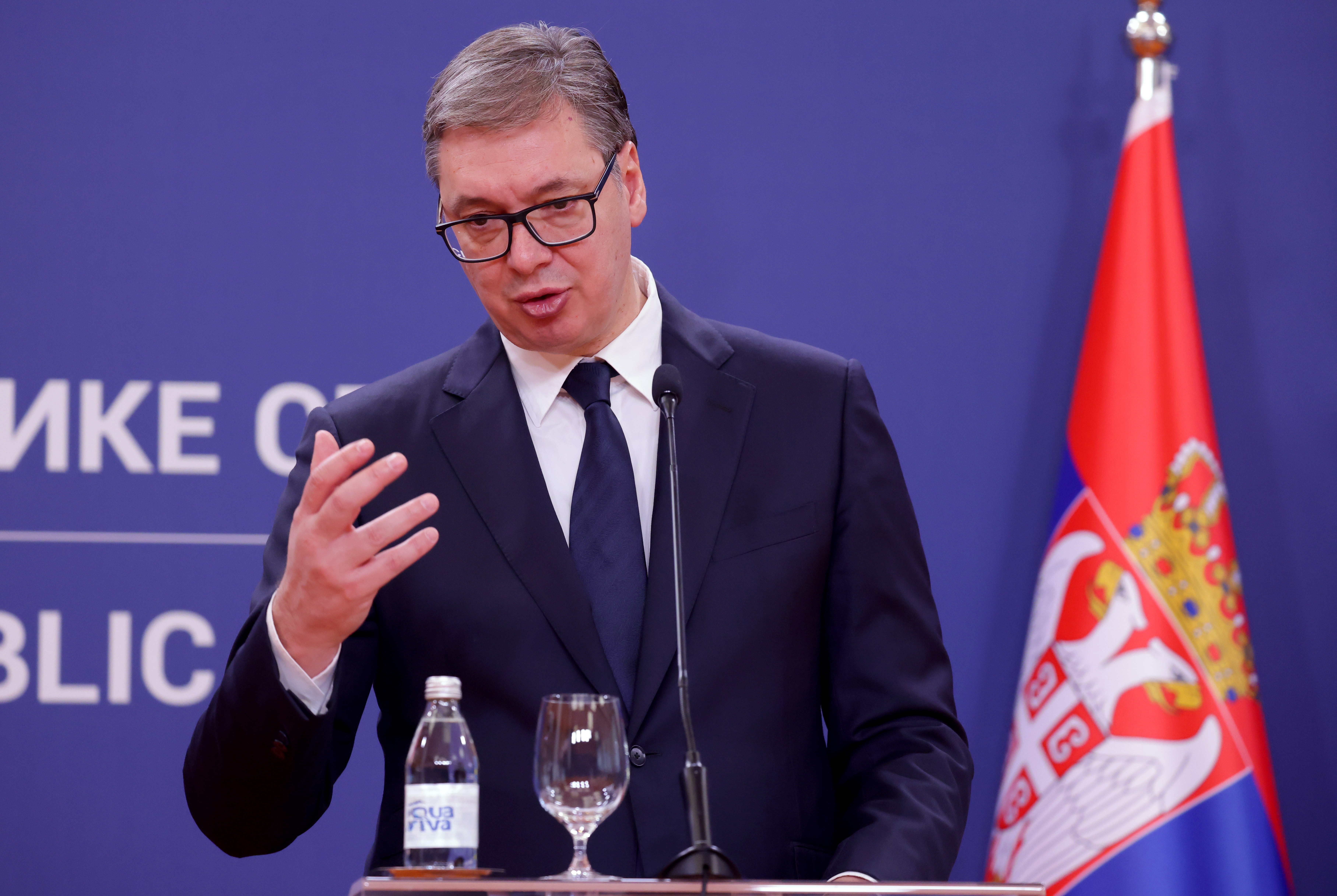 epa11728765 Serbian President Aleksandar Vucic attends a joint press conference with the Kazakh president following their meeting in Belgrade, Serbia, 19 November 2024. The Kazakh president is on an official state visit to Serbia.  EPA-EFE/ANDREJ CUKIC