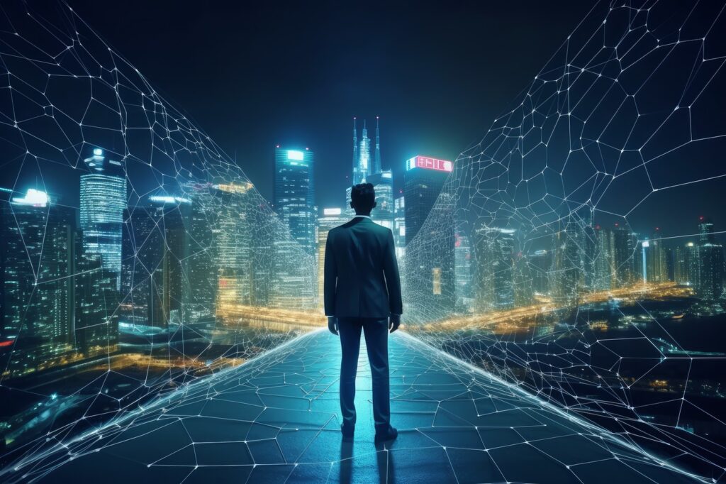 Businessman walking future city. Digital building. Generate Ai,Image: 832052650, License: Royalty-free, Restrictions: , Model Release: no, Credit line: Ivan Ryabokon / Panthermedia / Profimedia