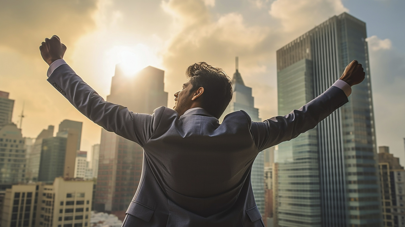Excited businessman celebrates with his fists in the air with the city in the background, generative AI,Image: 798106930, License: Royalty-free, Restrictions: , Model Release: no, Credit line: Andy Dean / imageBROKER / Profimedia