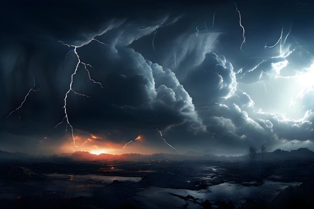 illustration of a severe thunderstorm with end of the world scenario featuring lightning tearing through dark thunderclouds,Image: 877710233, License: Royalty-free, Restrictions: , Model Release: no, Credit line: Stefan Schurr / Panthermedia / Profimedia