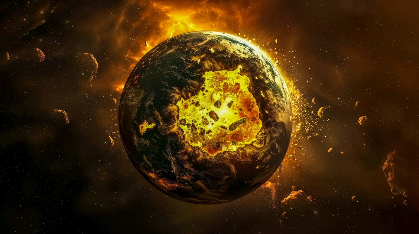 Digital artwork of earth engulfed in flames representing global disaster or the end of the world,Image: 864164426, License: Royalty-free, Restrictions: , Model Release: no, Credit line: Eduard Goričev / Panthermedia / Profimedia