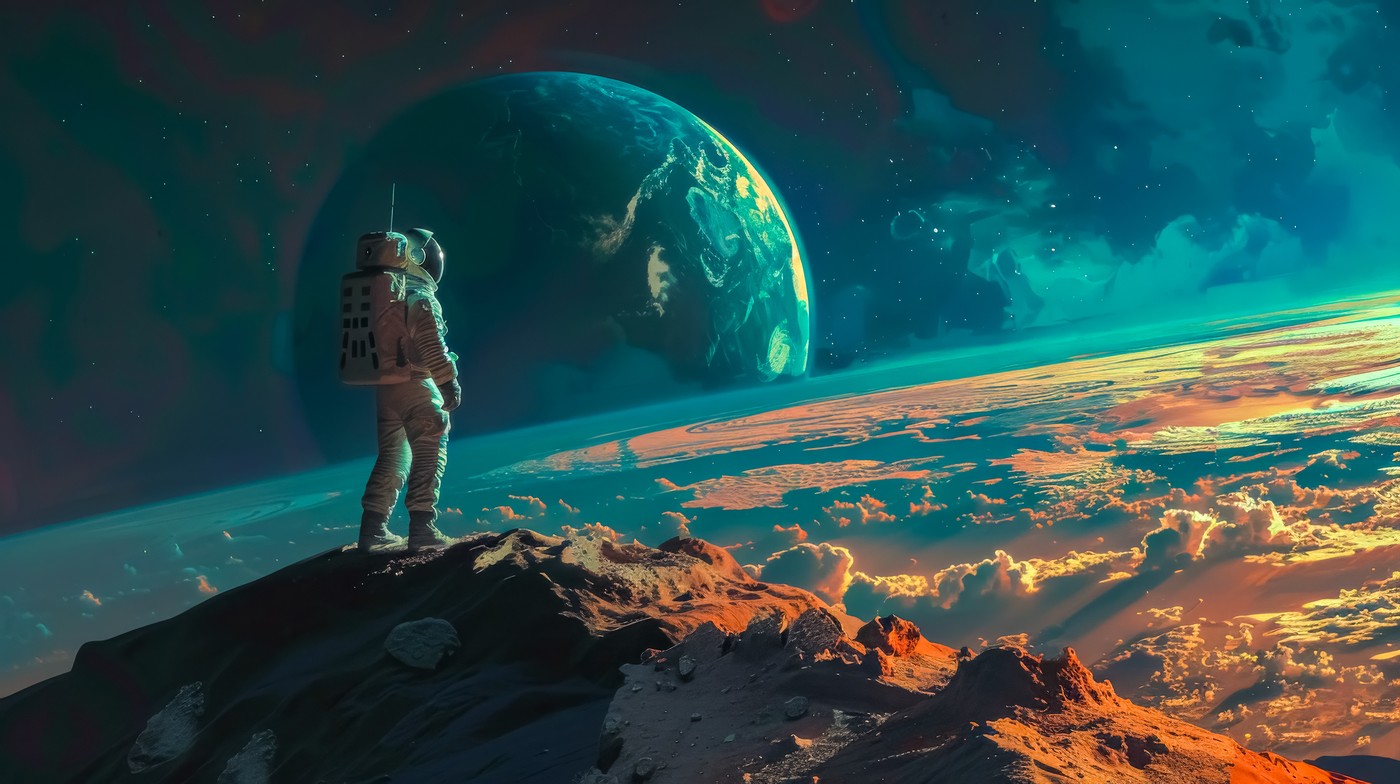 Lone astronaut stands on a rocky alien surface,  gazing at earth against a starry sky,Image: 861292396, License: Royalty-free, Restrictions: , Model Release: no, Credit line: Eduard Goričev / Panthermedia / Profimedia