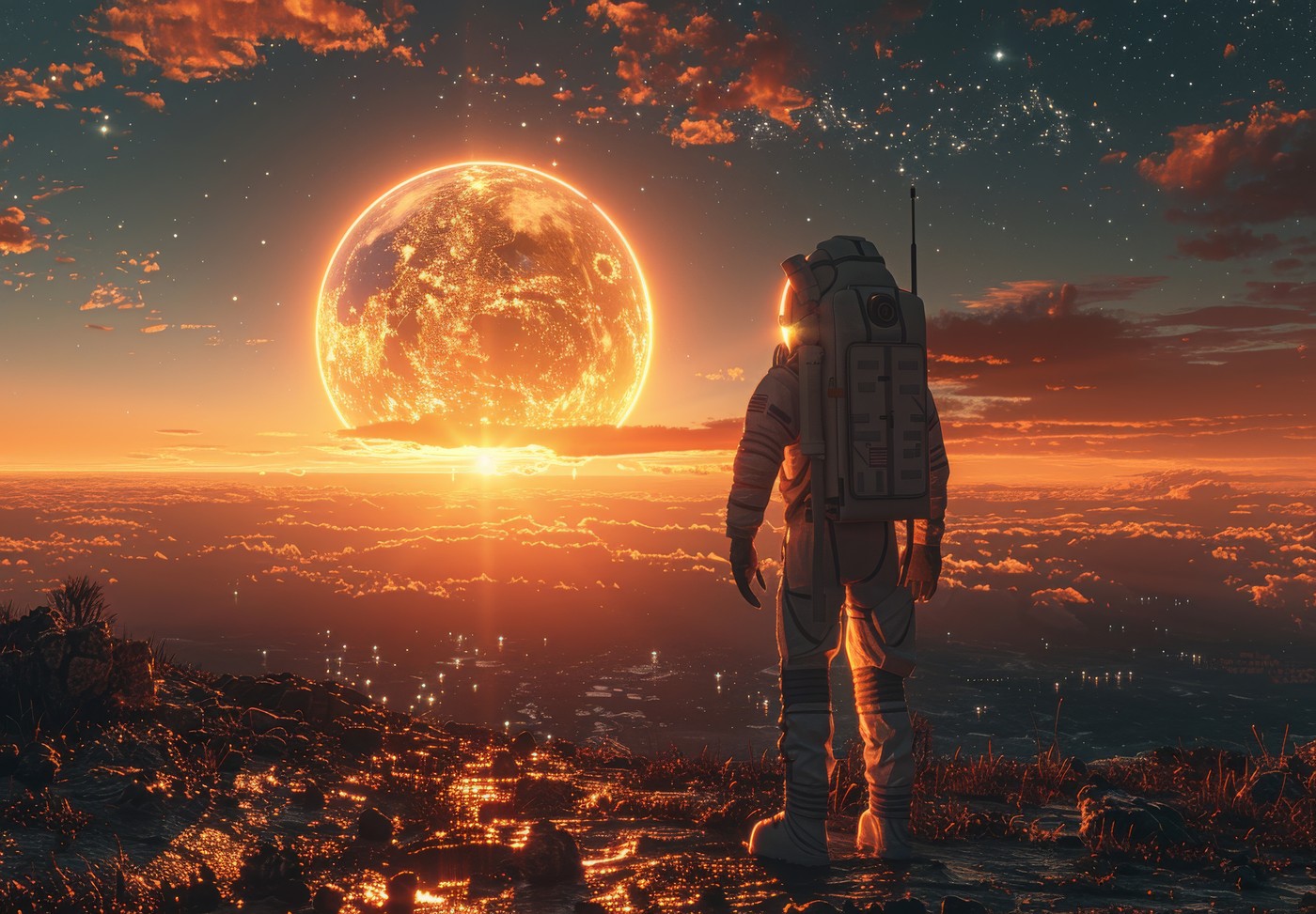 Astronaut standing on a Martian landscape pointing at Earth in the sky during sunset