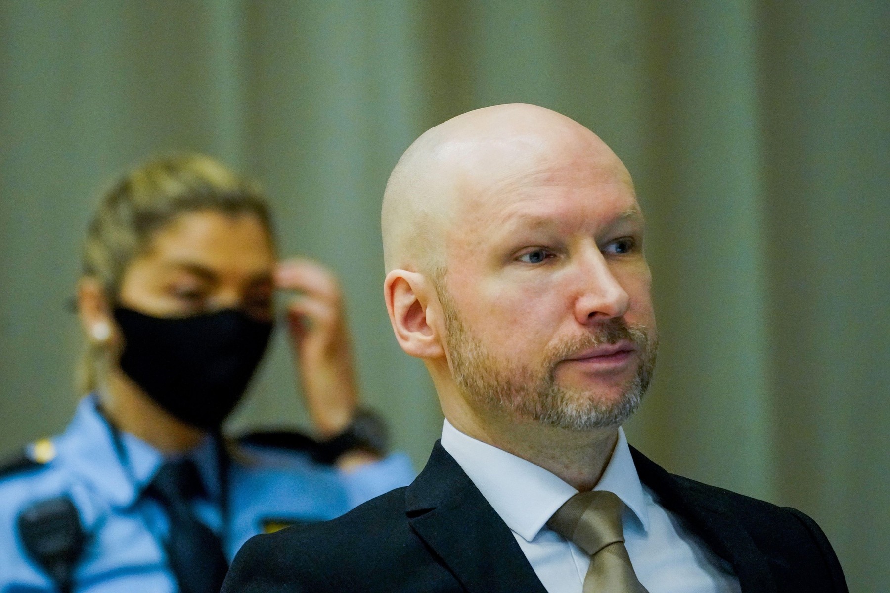 Skien 20220118.Anders Behring Breivik, convicted of terrorism, in the makeshift courtroom in Skien prison on the first day of the trial, where he is requesting release on parole.The mass murderer Anders Behring Breivik, who now calls himself Fjotolf Hanse