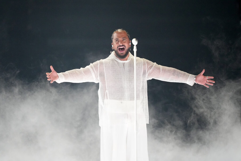 Slimane of France performs the song Mon Amour during the dress rehearsal for the second semi-final at the Eurovision Song Contest in Malmo, Sweden, Wednesday, May 8, 2024. (AP Photo/Martin Meissner)