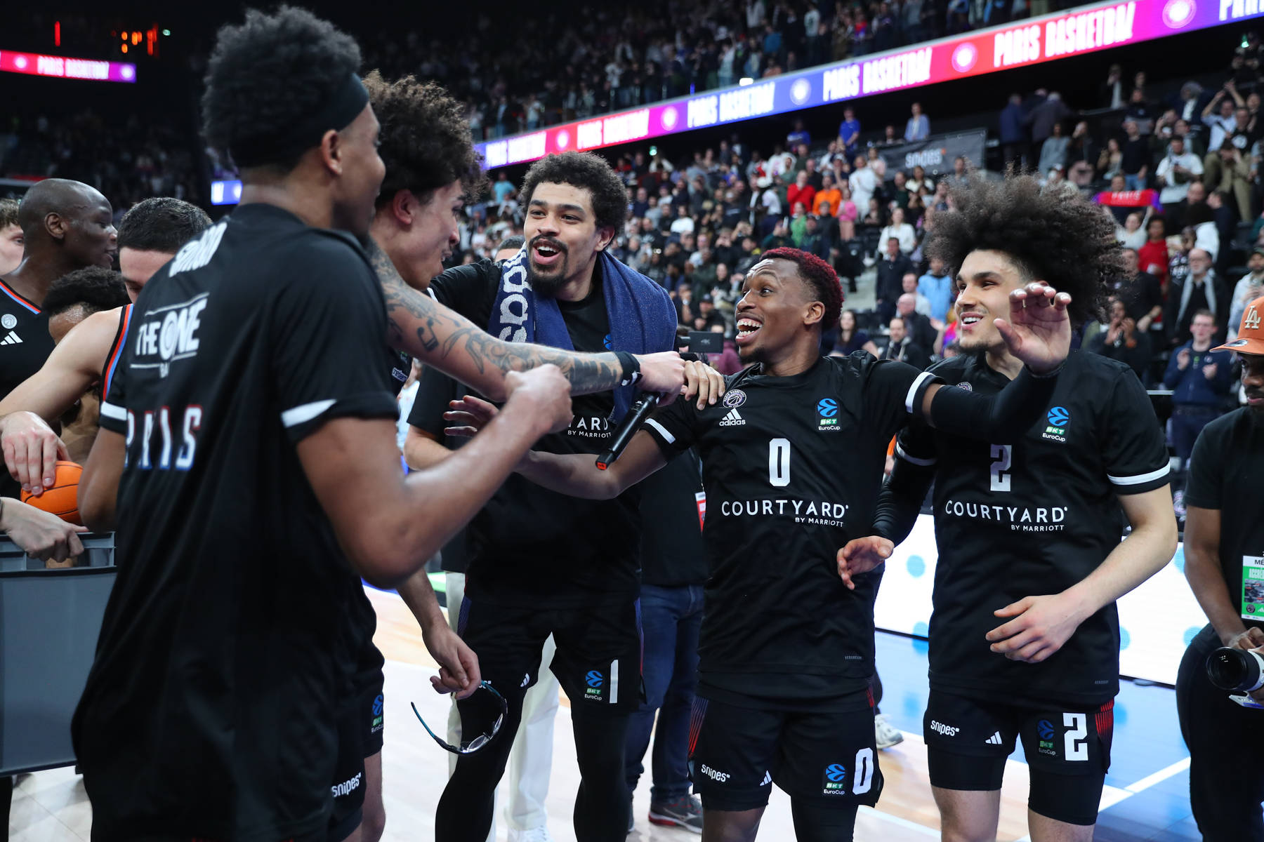 Tyson Ward of Paris Basketball, Collin Malcolm of Paris Basketball, TJ Shorts II of Paris Basketball and Nadir Hifi of P