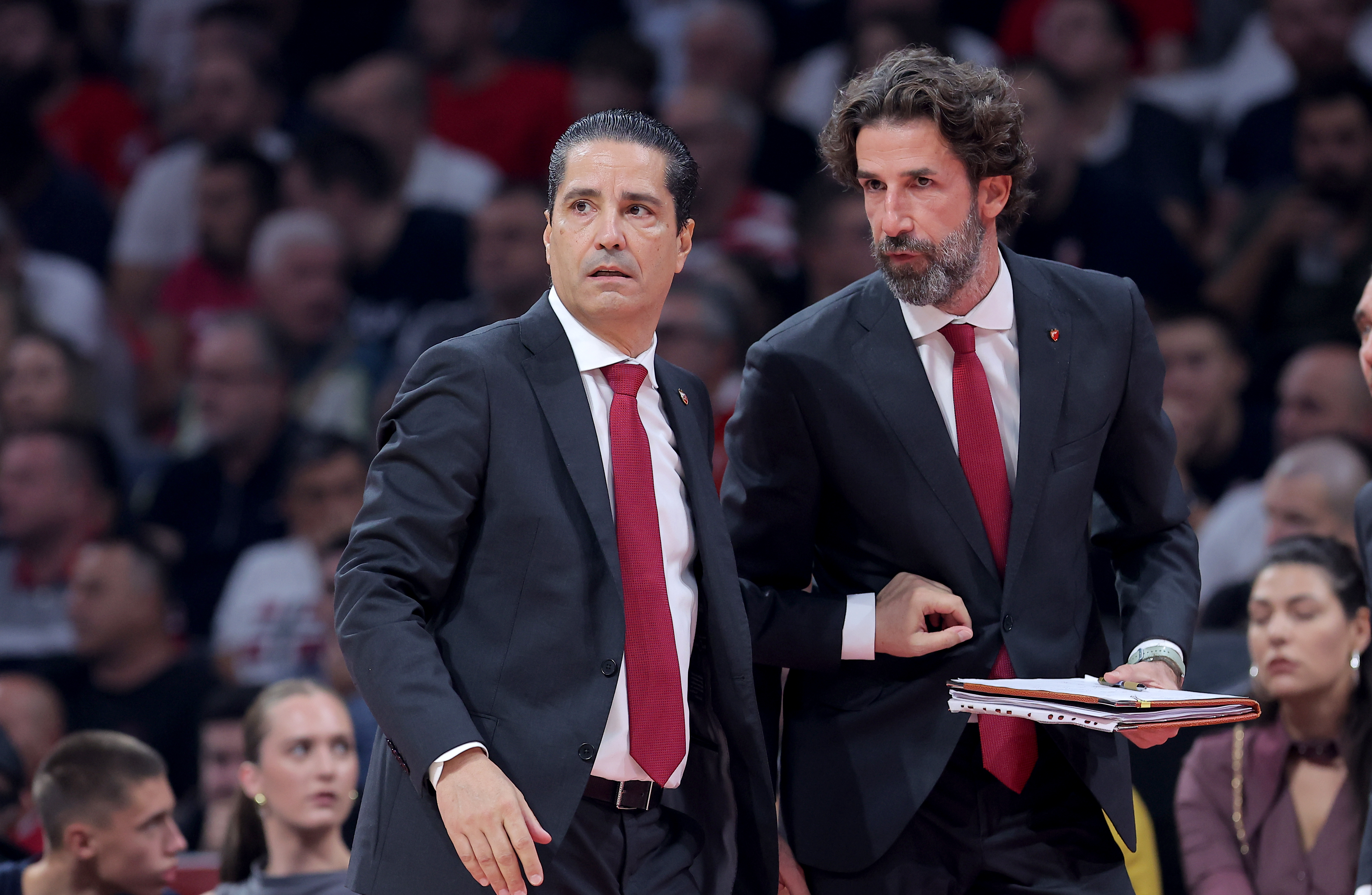 Crvena Zvezda's vies with Baskonia's during round 2 Euroleague basketball match between Crvena Zvezda and Baskonia Vitoria-Gasteiz in Belgrade Serbia on Oct. 9. 2024.